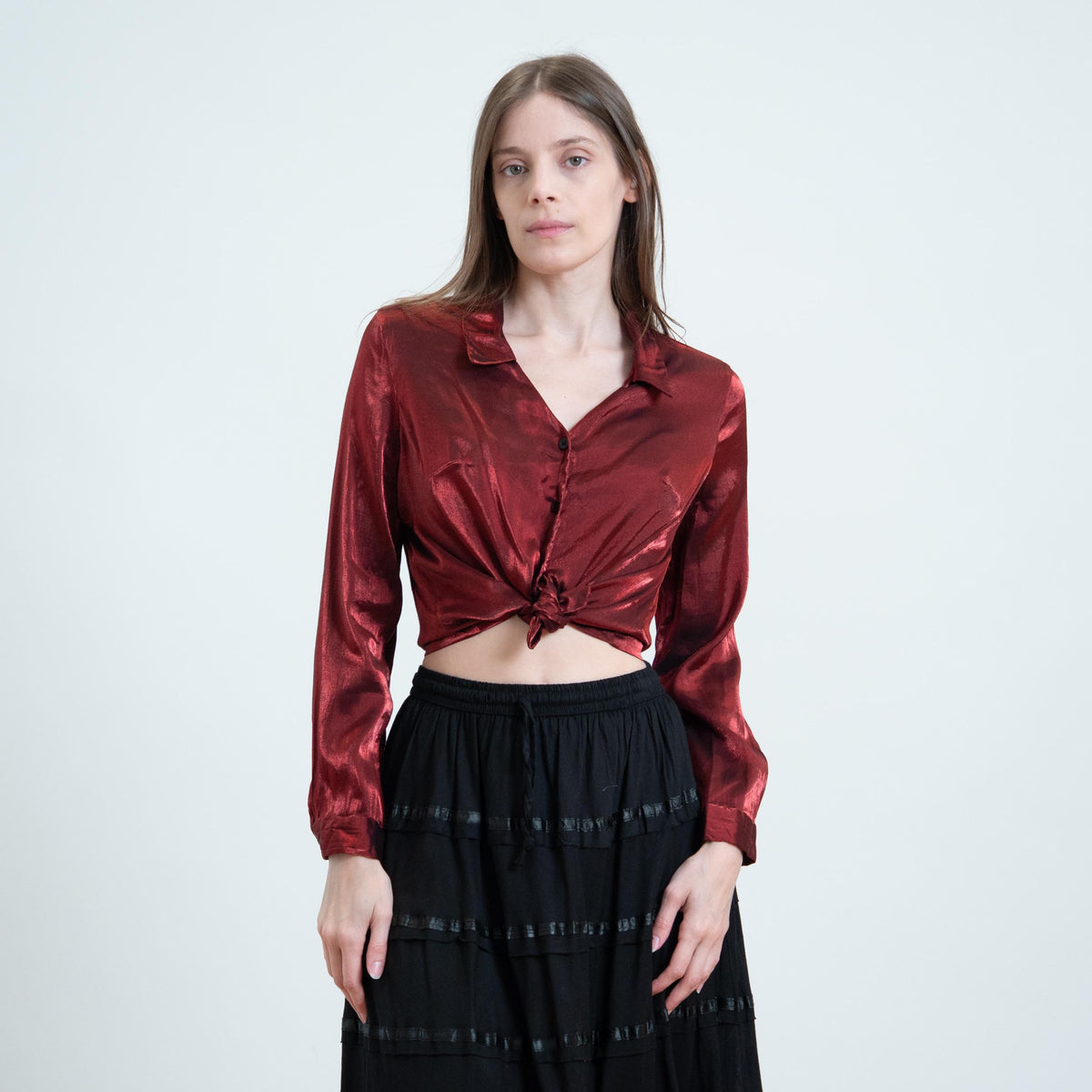 Vintage 90s Blood Red Metallic Satin Blouse - Petite Medium | Button Up Long Sleeve Collared Shirt