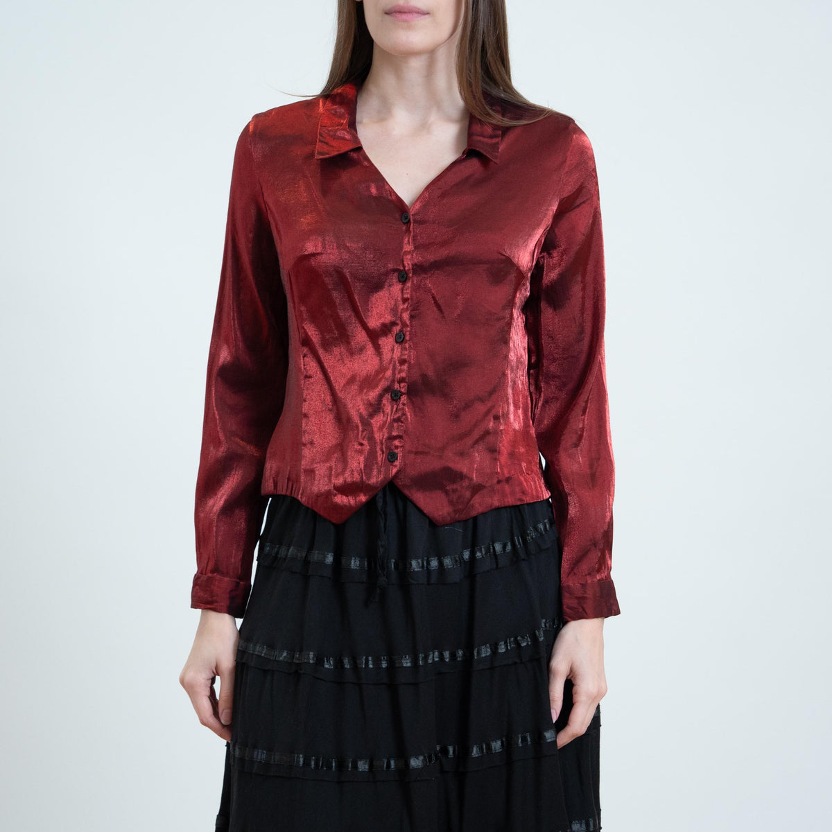 Vintage 90s Blood Red Metallic Satin Blouse - Petite Medium | Button Up Long Sleeve Collared Shirt