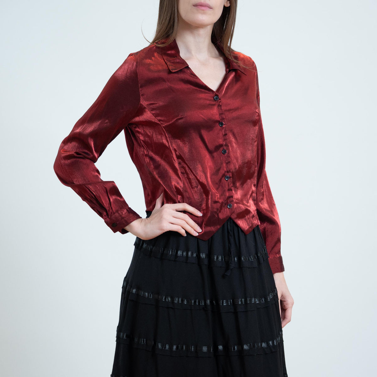 Vintage 90s Blood Red Metallic Satin Blouse - Petite Medium | Button Up Long Sleeve Collared Shirt