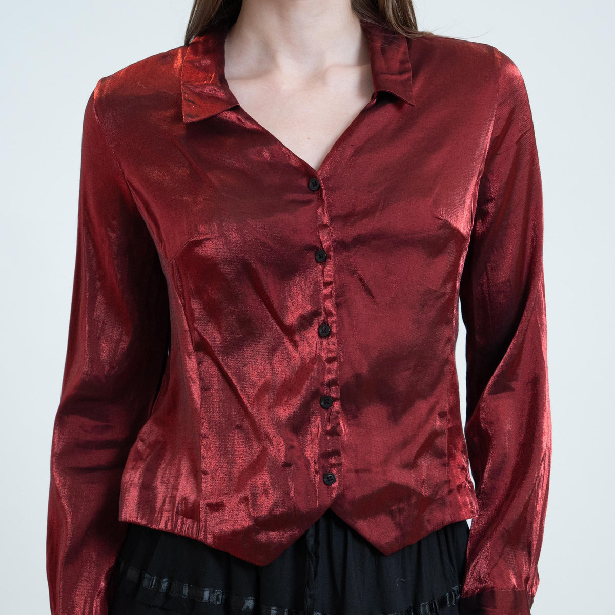 Vintage 90s Blood Red Metallic Satin Blouse - Petite Medium | Button Up Long Sleeve Collared Shirt
