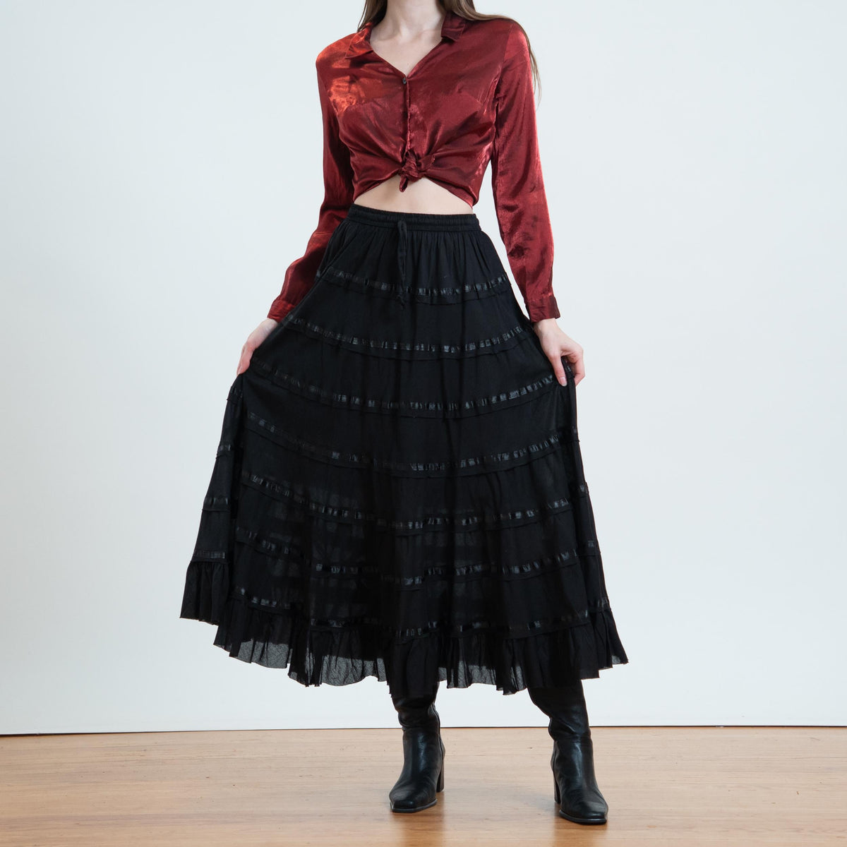 Vintage 90s Black Tiered Broomstick Maxi Skirt - Small to Medium | Witchy Boho Festival Skirt