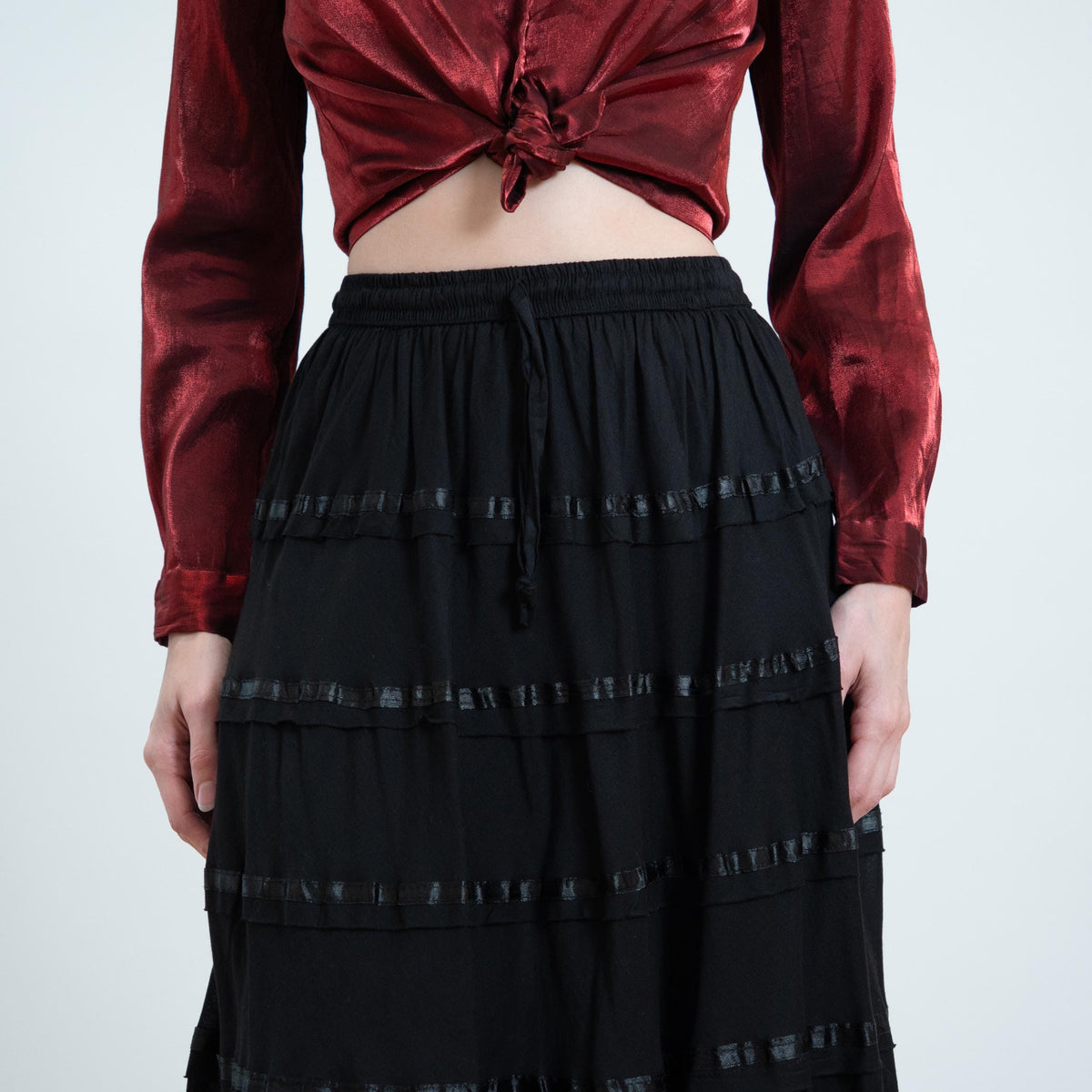 Vintage 90s Black Tiered Broomstick Maxi Skirt - Small to Medium | Witchy Boho Festival Skirt
