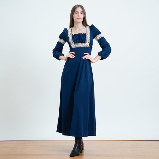 Vintage 70s Midnight Blue Renaissance Maxi Dress - Extra Small | Boho Puff Sleeve Hippie Gown