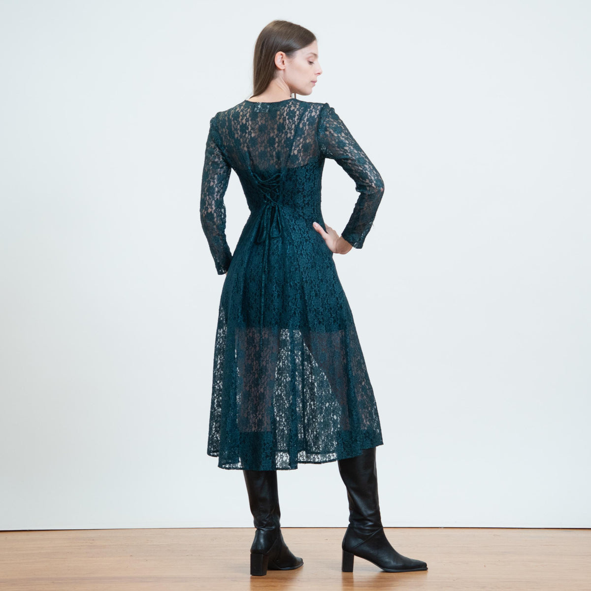 Vintage 90s Emerald Green Sheer Lace Midi Dress - Small | Long Sleeve Corset Tie Back Dress