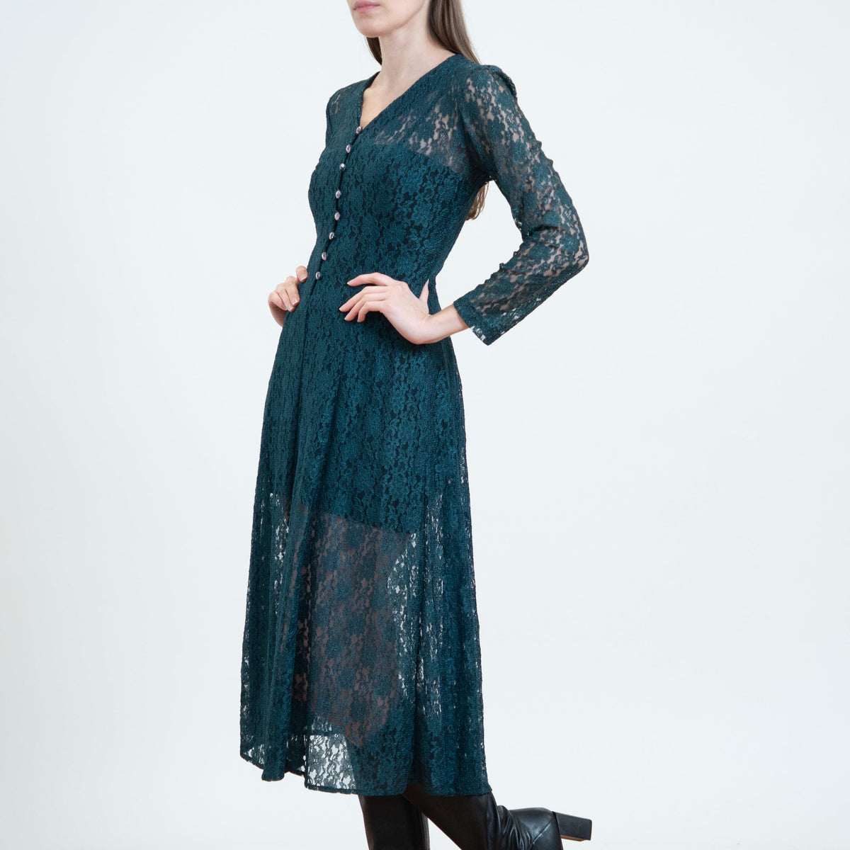 Vintage 90s Emerald Green Sheer Lace Midi Dress - Small | Long Sleeve Corset Tie Back Dress