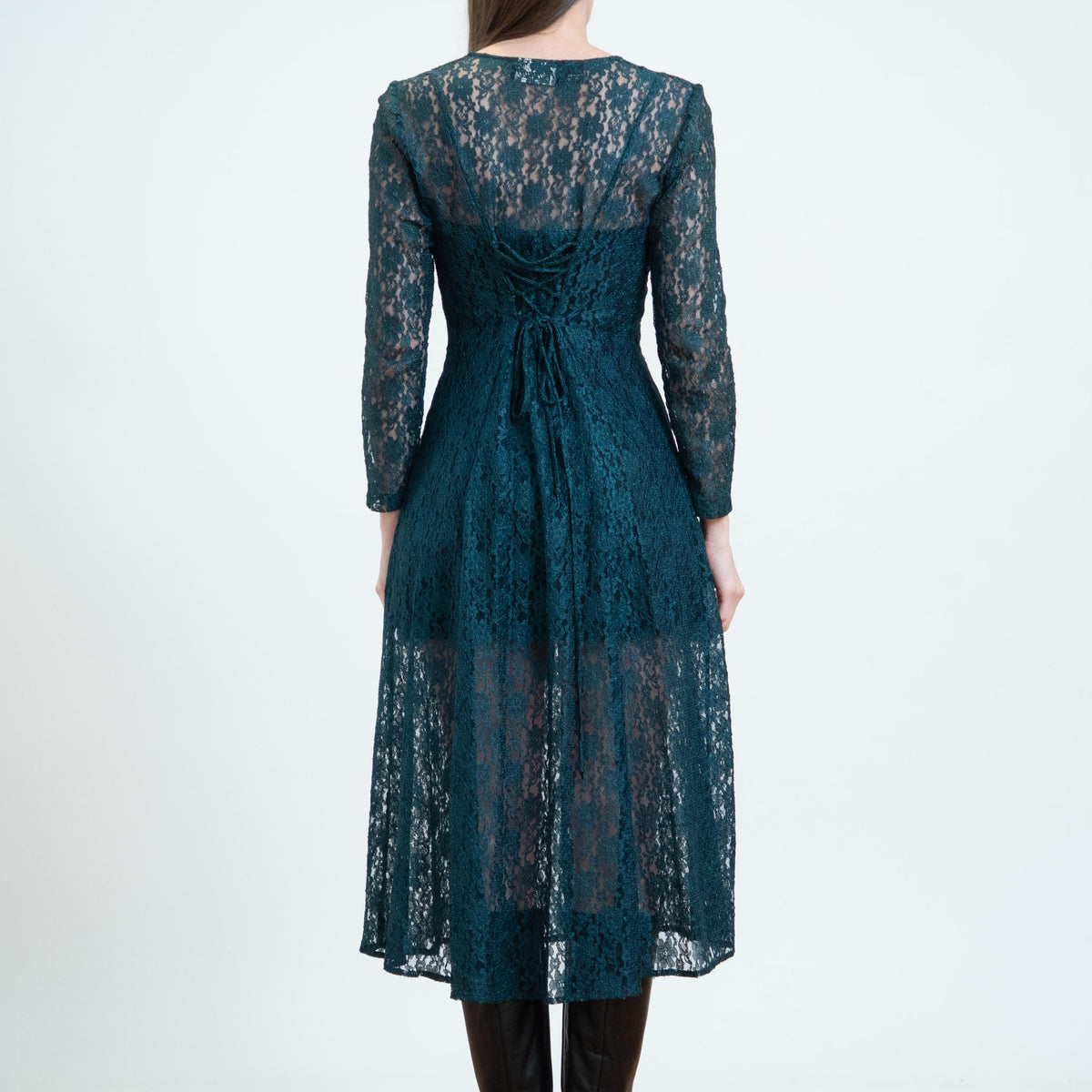 Vintage 90s Emerald Green Sheer Lace Midi Dress - Small | Long Sleeve Corset Tie Back Dress