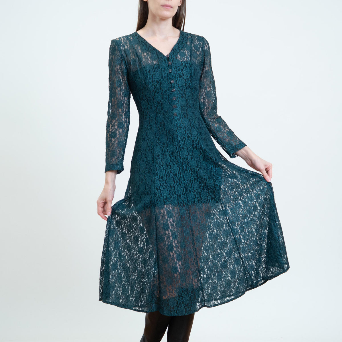 Vintage 90s Emerald Green Sheer Lace Midi Dress - Small | Long Sleeve Corset Tie Back Dress