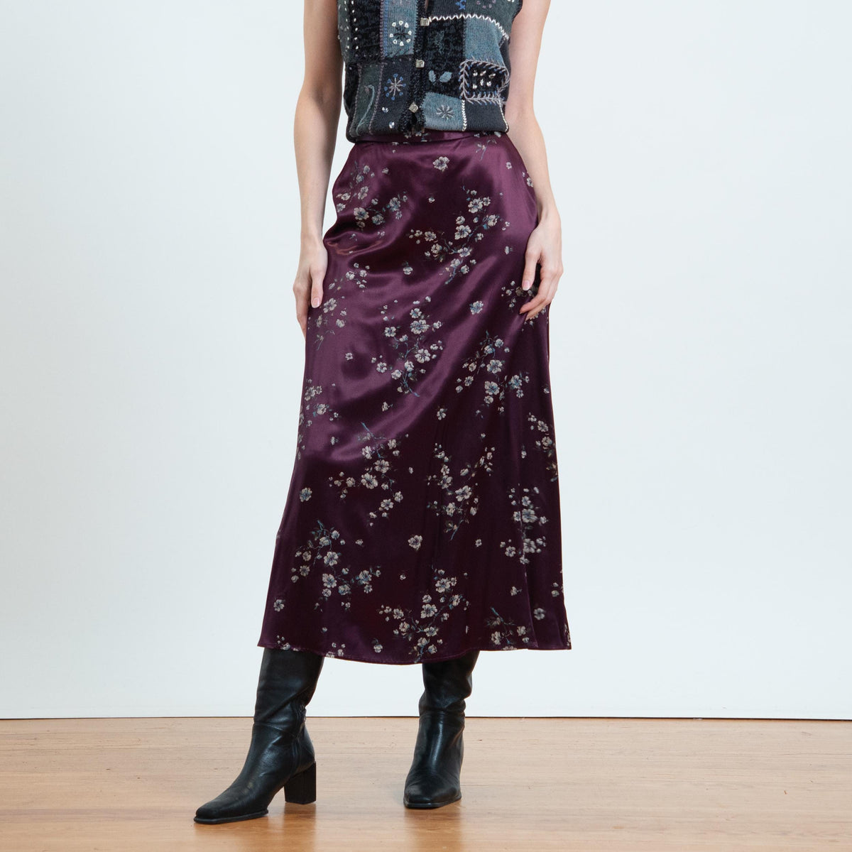 Vintage 90s Plum Purple Satin Floral Maxi Skirt - Small, 26” Waist | Boho High Waisted Long Skirt