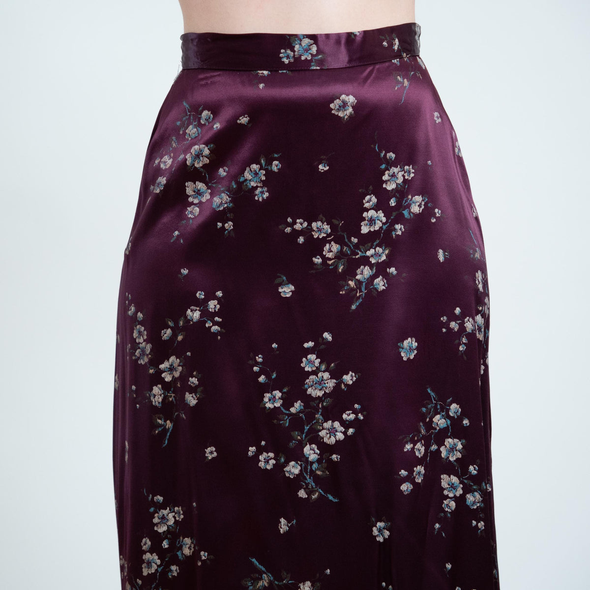 Vintage 90s Plum Purple Satin Floral Maxi Skirt - Small, 26” Waist | Boho High Waisted Long Skirt