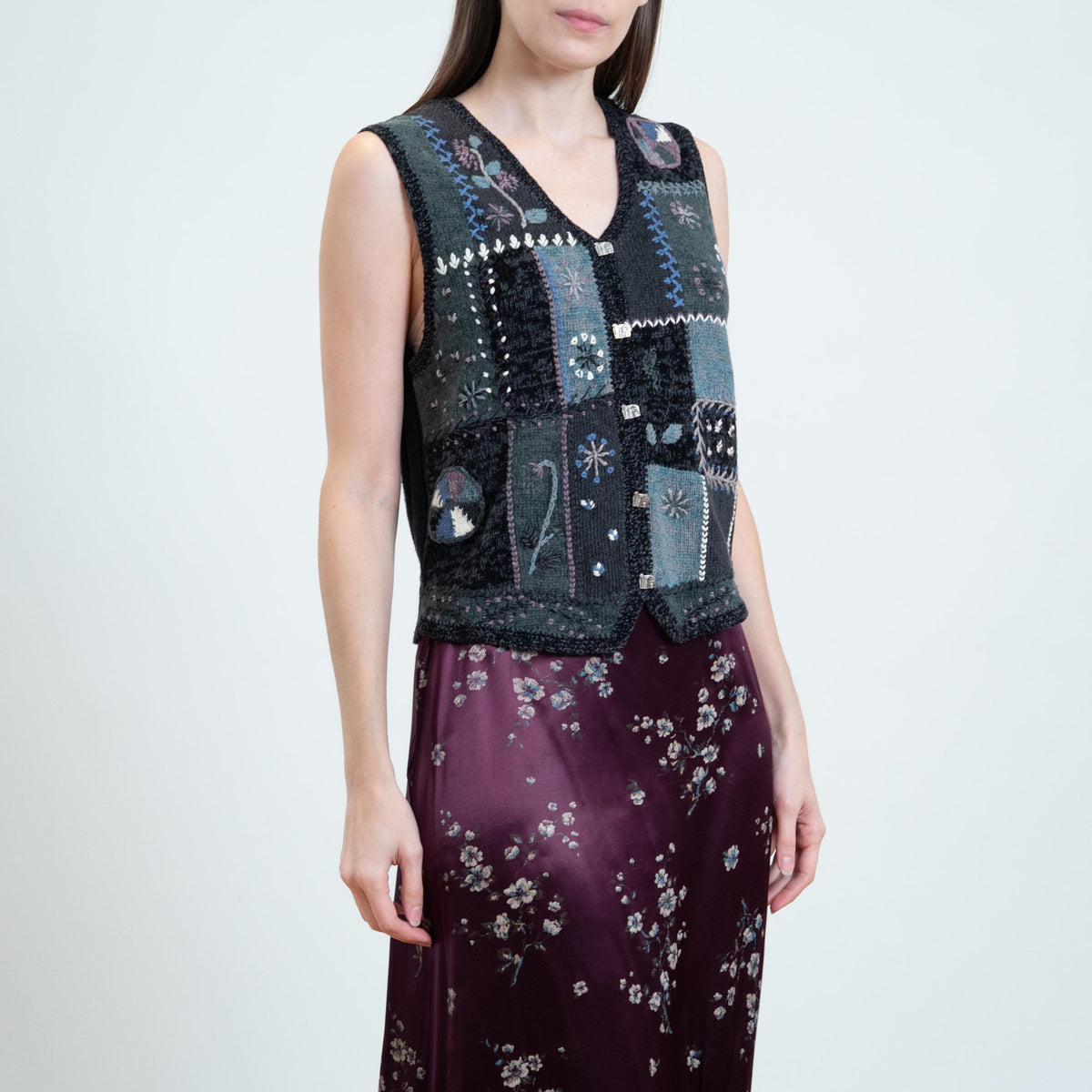 Vintage 90s Whimsigoth Embroidered Patchwork Knit Vest - Small | Boho Floral Button Up Sleeveless Novelty Top