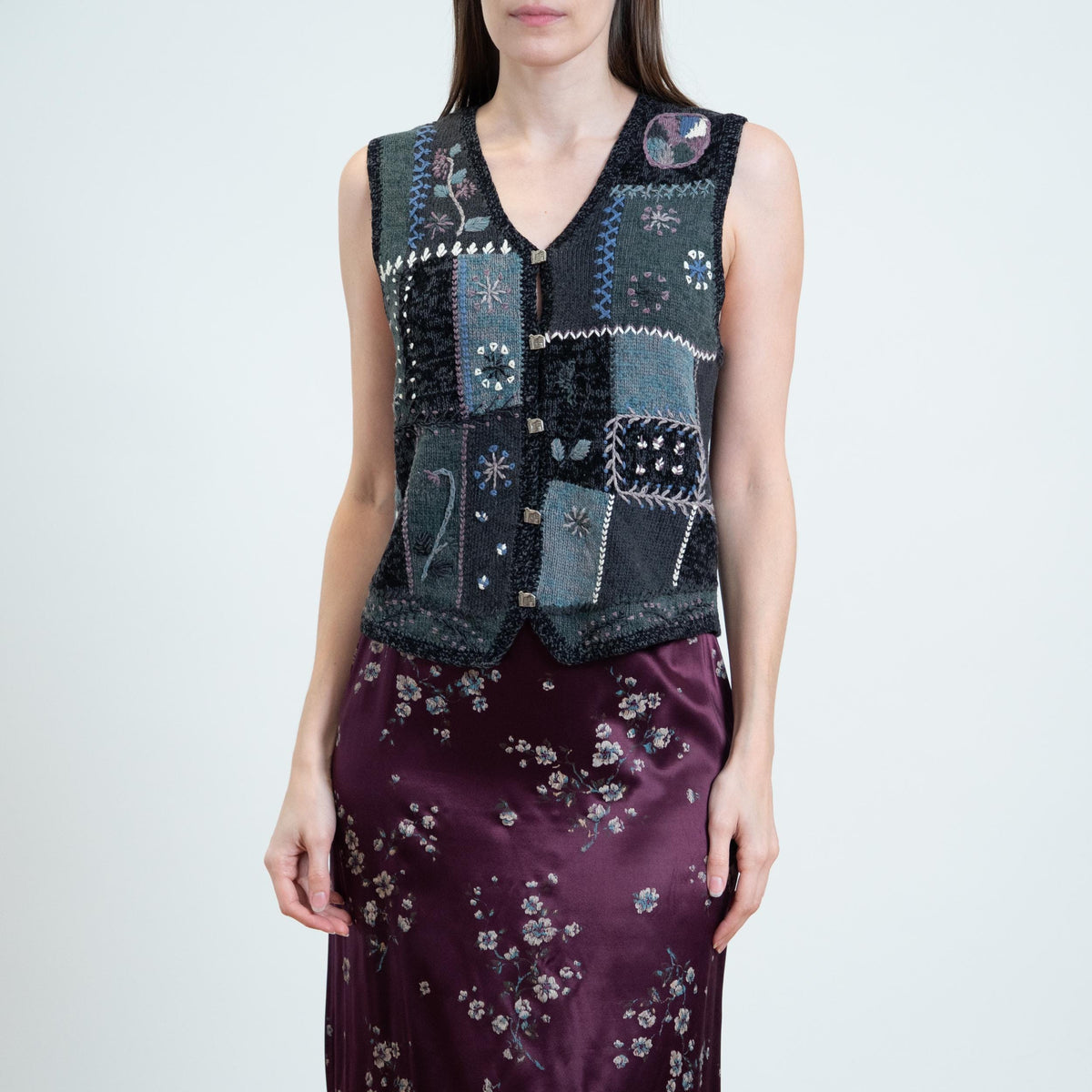Vintage 90s Whimsigoth Embroidered Patchwork Knit Vest - Small | Boho Floral Button Up Sleeveless Novelty Top