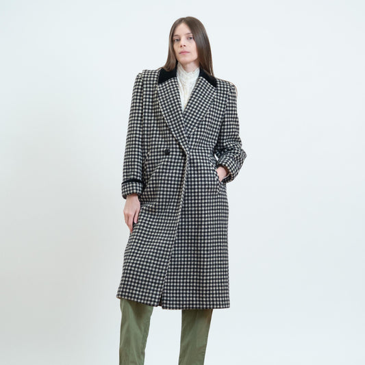Vintage 80s Black & White Gingham Check Wool Overcoat - Petite Large | Double Breasted Button Up Long Winter Coat