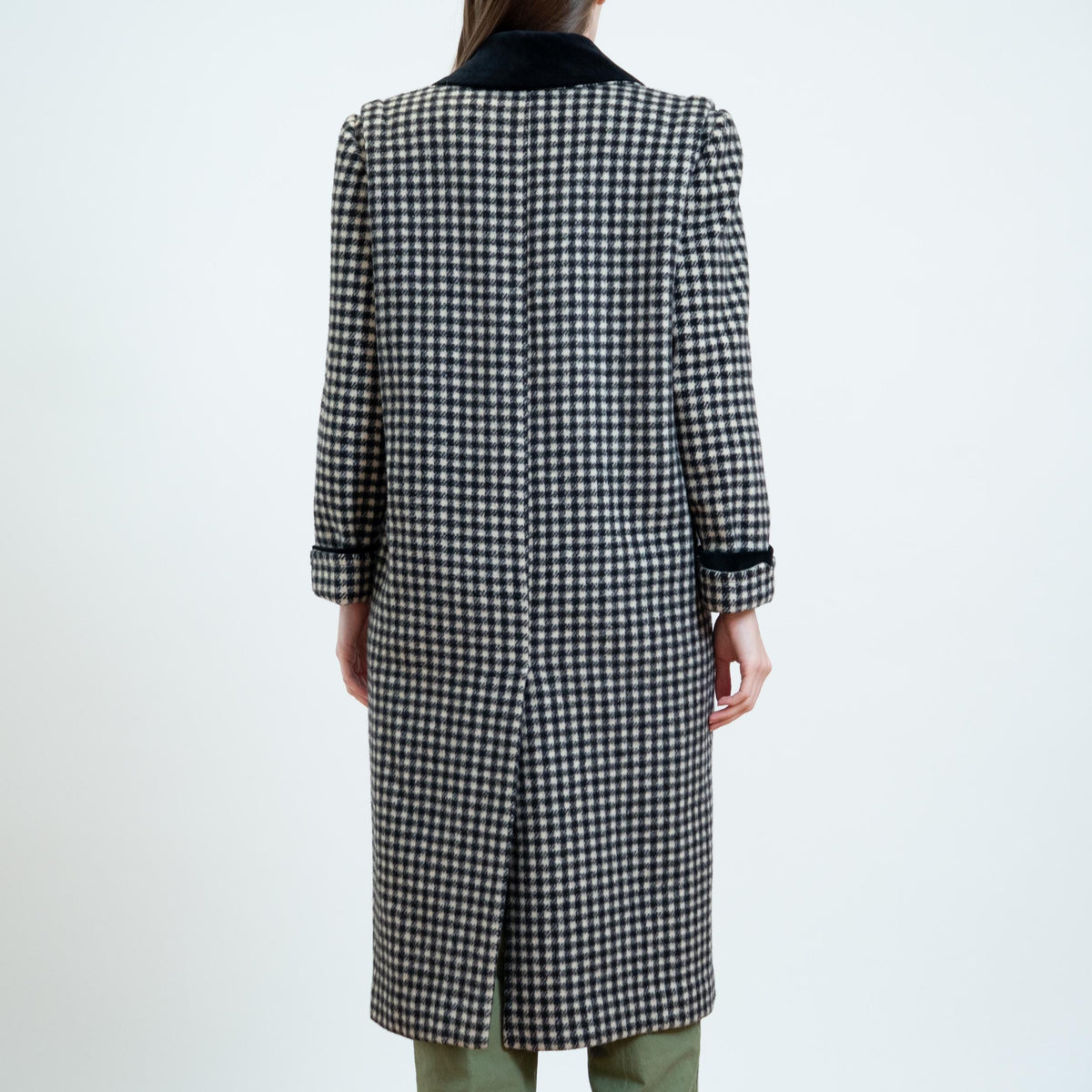 Vintage 80s Black & White Gingham Check Wool Overcoat - Petite Large | Double Breasted Button Up Long Winter Coat