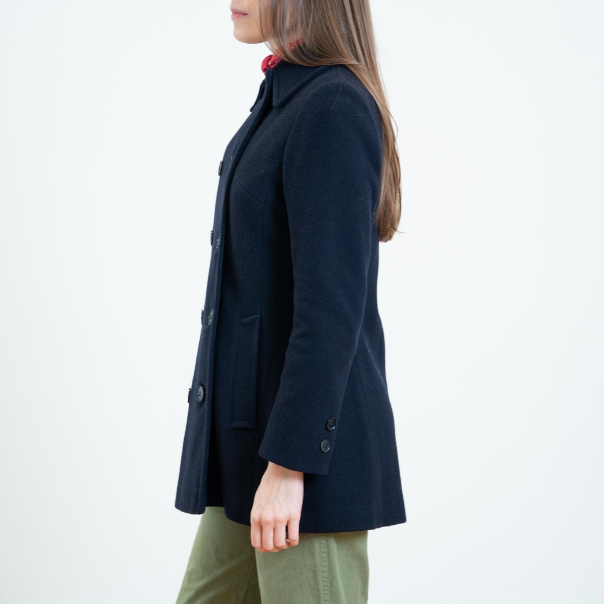 Vintage 70s Navy Blue Wool Peacoat - Extra Small | Double Breasted Button Up Mid Length Coat