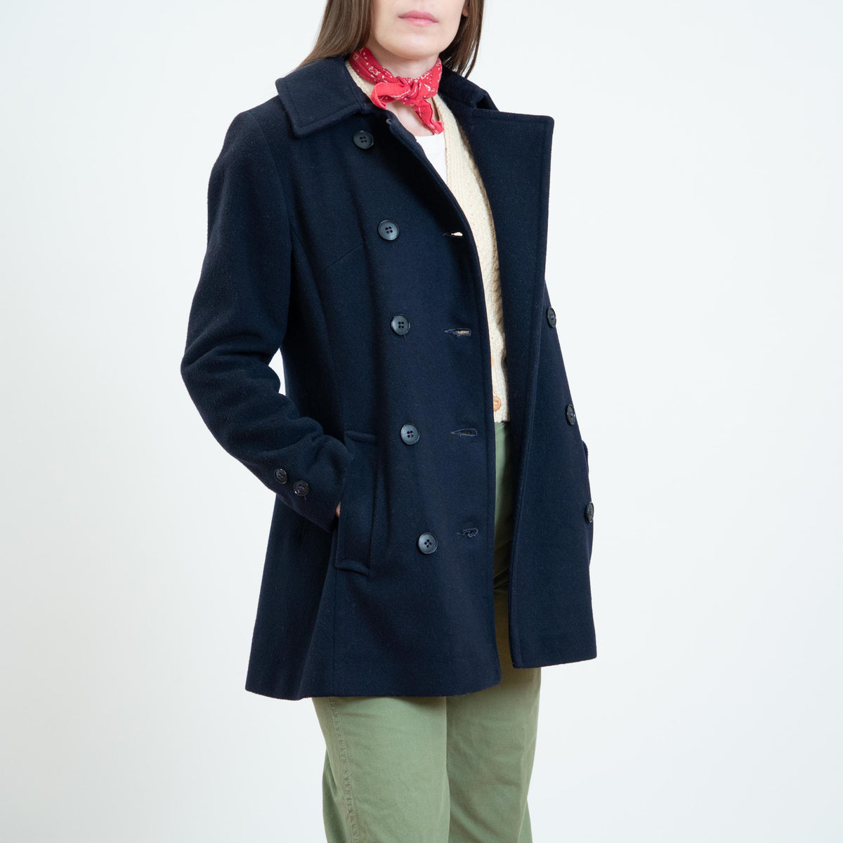 Vintage 70s Navy Blue Wool Peacoat - Extra Small | Double Breasted Button Up Mid Length Coat