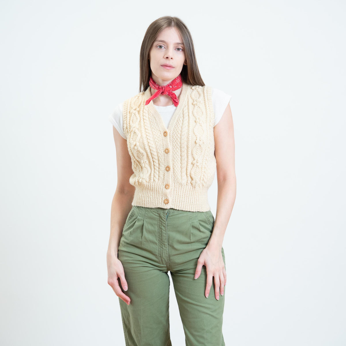 Vintage 70s Cream Wool Cable Knit Sweater Vest - XS to Small | Cropped Button Up Sleeveless Cardigan