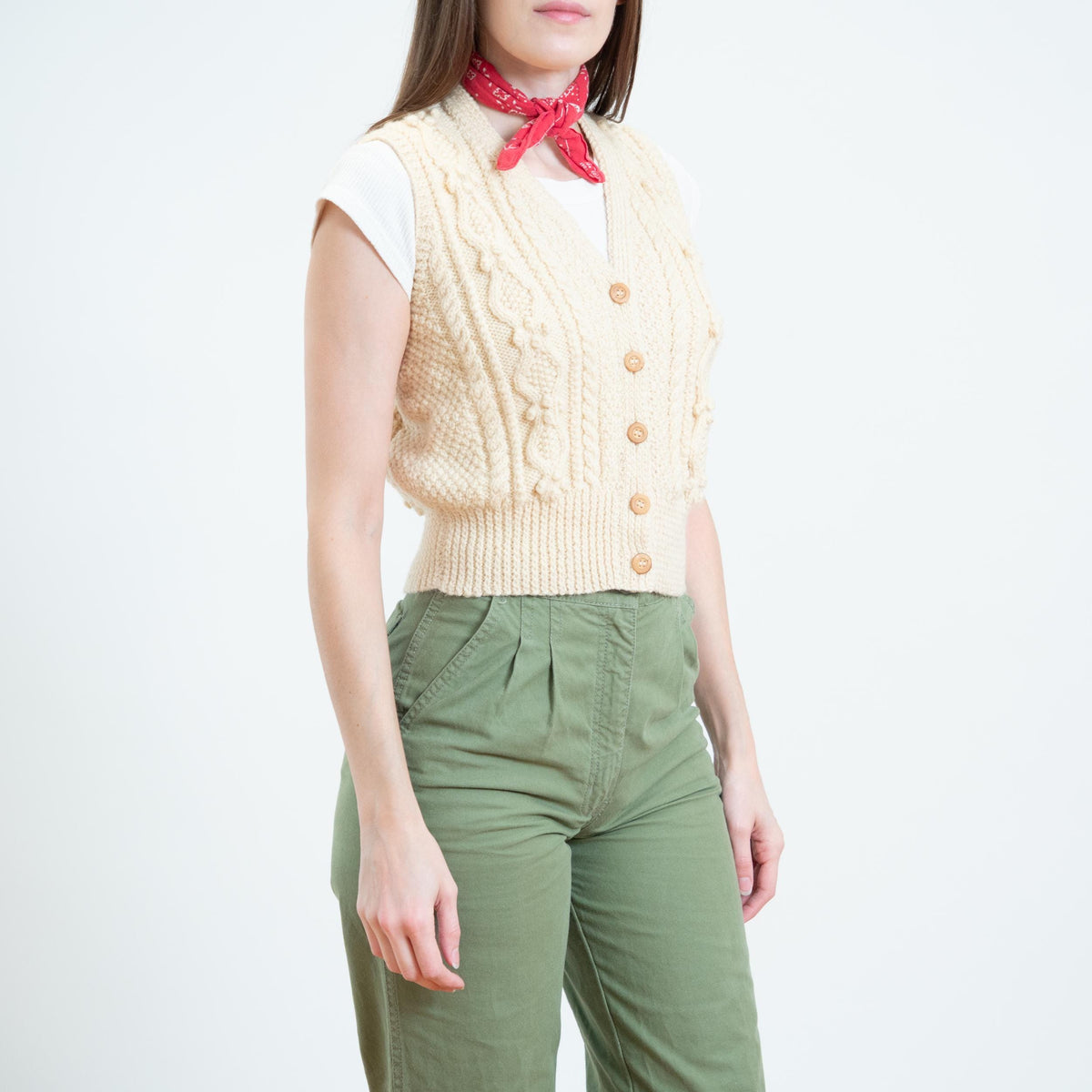 Vintage 70s Cream Wool Cable Knit Sweater Vest - XS to Small | Cropped Button Up Sleeveless Cardigan
