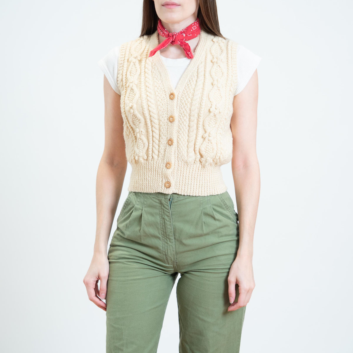 Vintage 70s Cream Wool Cable Knit Sweater Vest - XS to Small | Cropped Button Up Sleeveless Cardigan