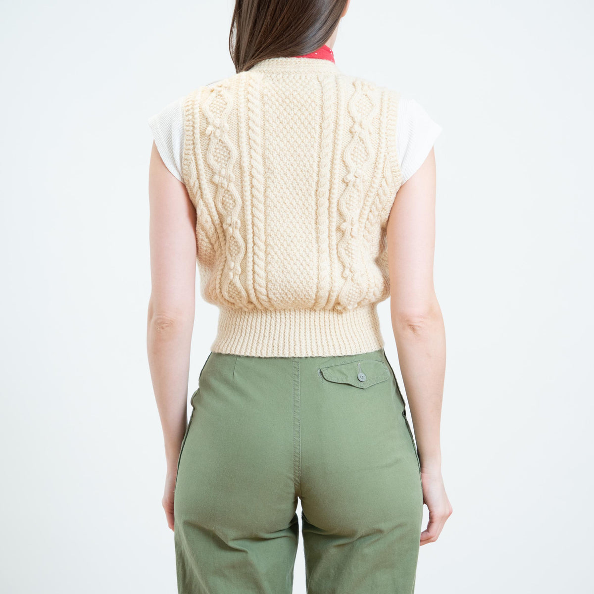 Vintage 70s Cream Wool Cable Knit Sweater Vest - XS to Small | Cropped Button Up Sleeveless Cardigan