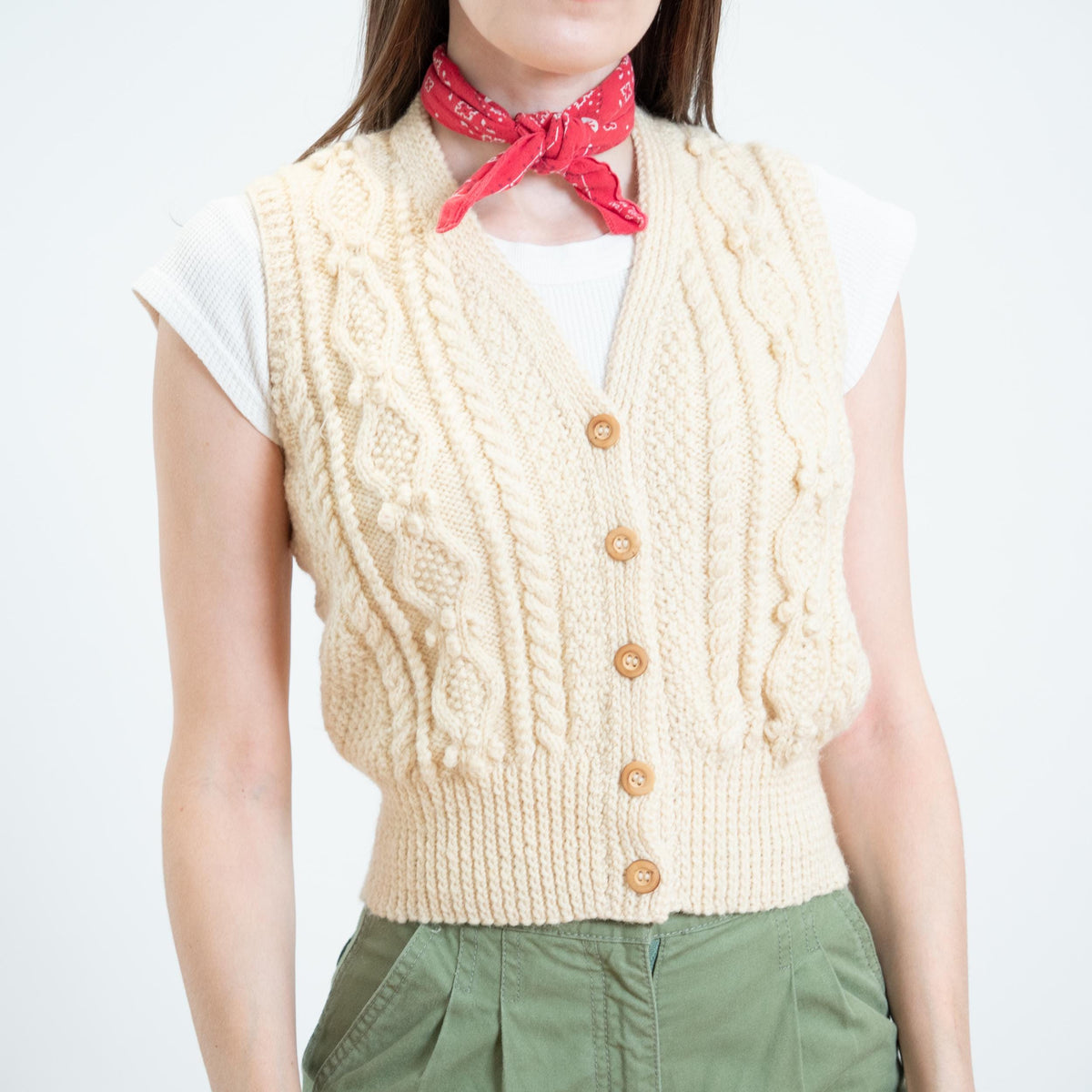 Vintage 70s Cream Wool Cable Knit Sweater Vest - XS to Small | Cropped Button Up Sleeveless Cardigan