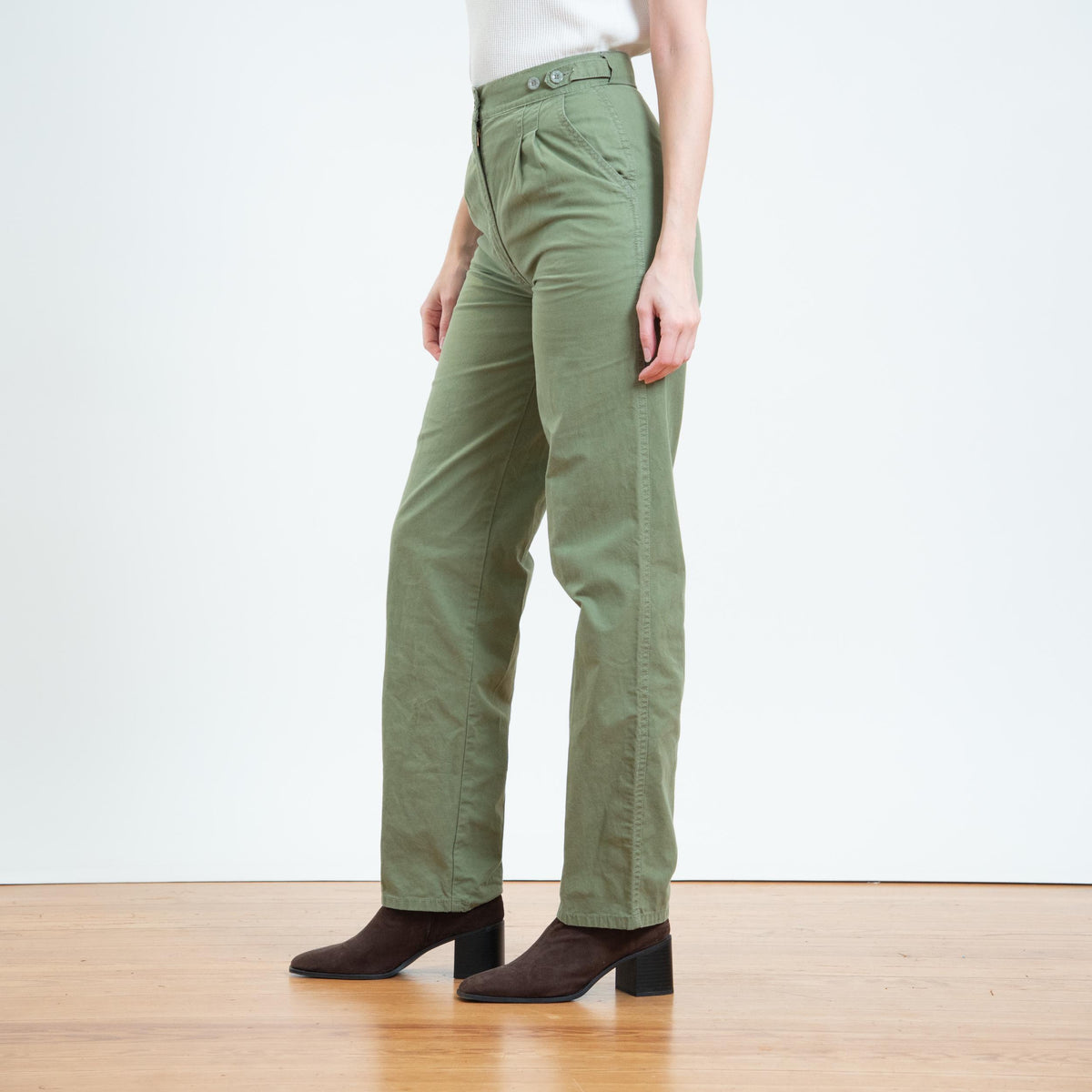 Vintage 80s Sage Green Cotton Pleated Trousers - Extra Small, 25" Waist | High Waisted Straight Leg Pants