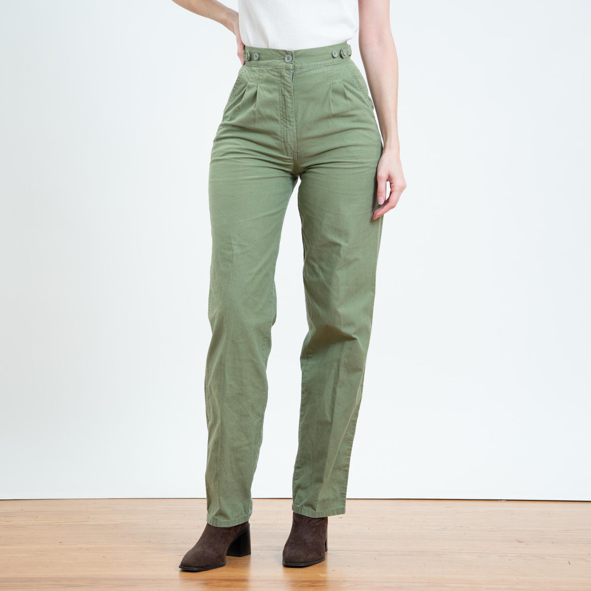 Vintage 80s Sage Green Cotton Pleated Trousers - Extra Small, 25" Waist | High Waisted Straight Leg Pants