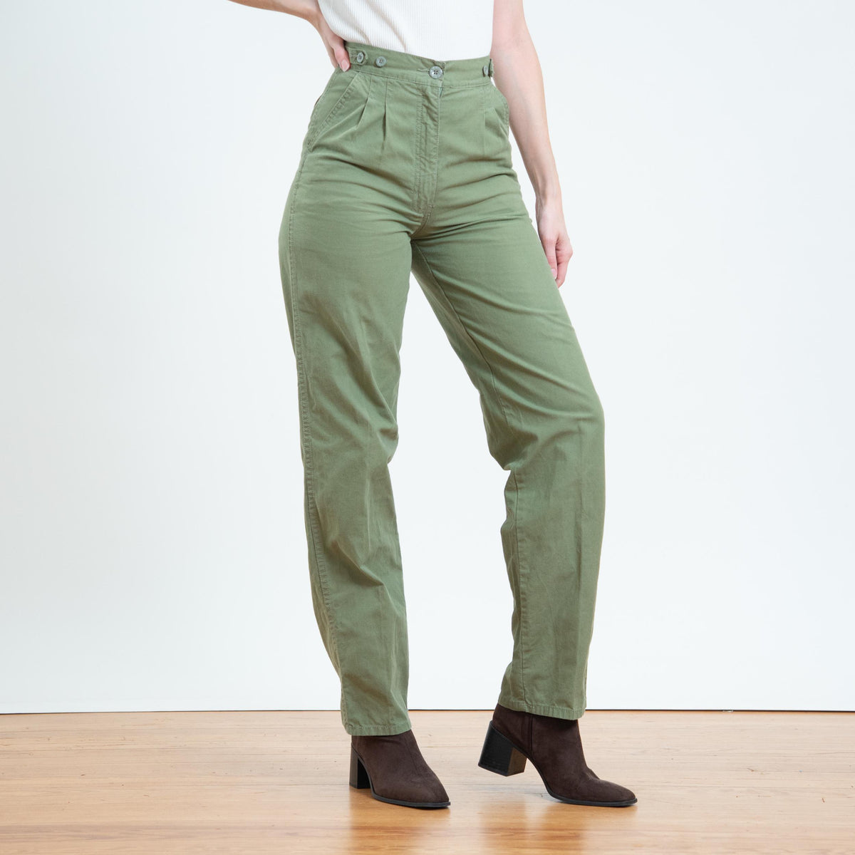 Vintage 80s Sage Green Cotton Pleated Trousers - Extra Small, 25" Waist | High Waisted Straight Leg Pants