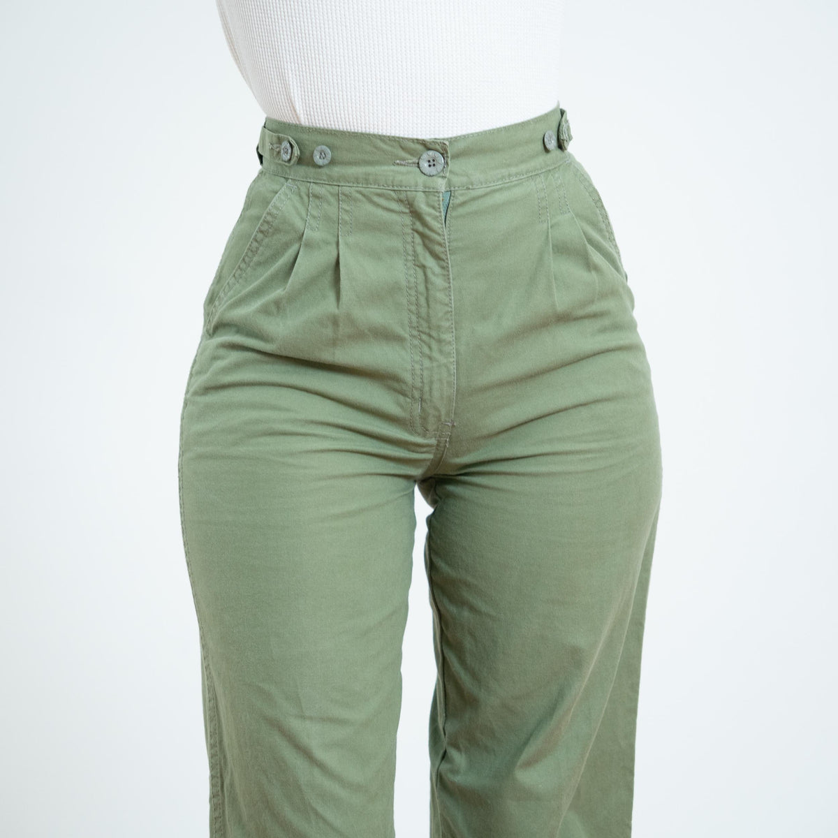 Vintage 80s Sage Green Cotton Pleated Trousers - Extra Small, 25" Waist | High Waisted Straight Leg Pants