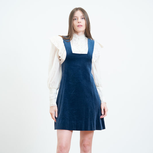 Vintage 70s Blue Velvet Mini Pinafore - Small | Boho A Line Sleeveless Overall Dress