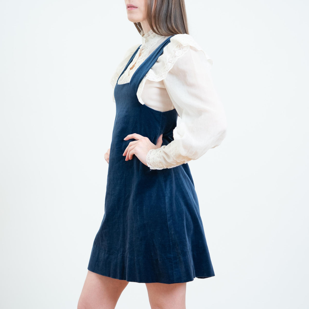 Vintage 70s Blue Velvet Mini Pinafore - Small | Boho A Line Sleeveless Overall Dress