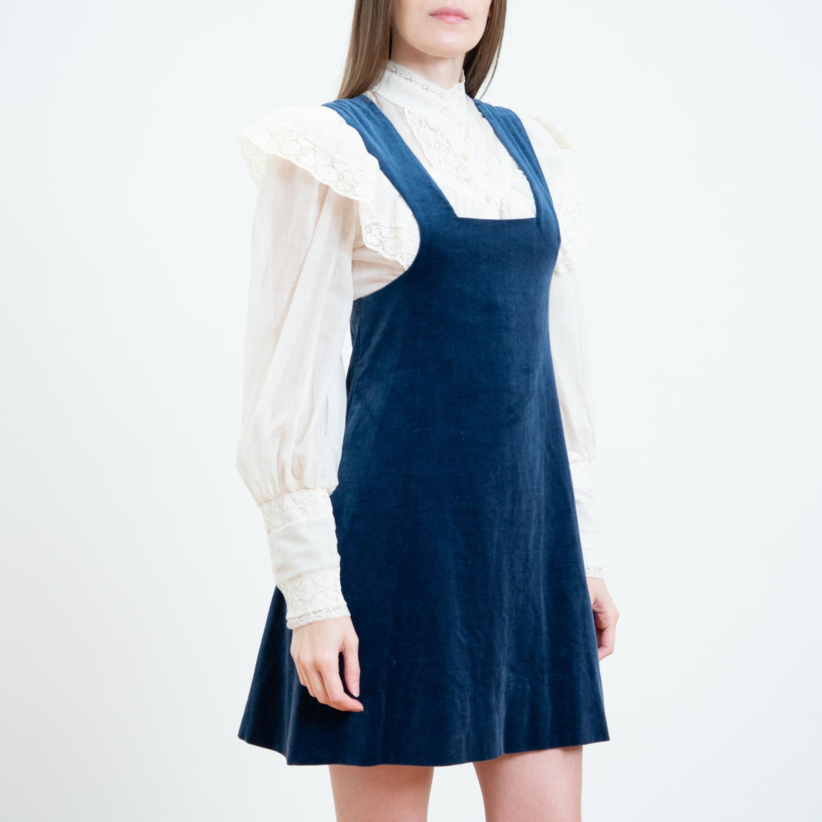Vintage 70s Blue Velvet Mini Pinafore - Small | Boho A Line Sleeveless Overall Dress
