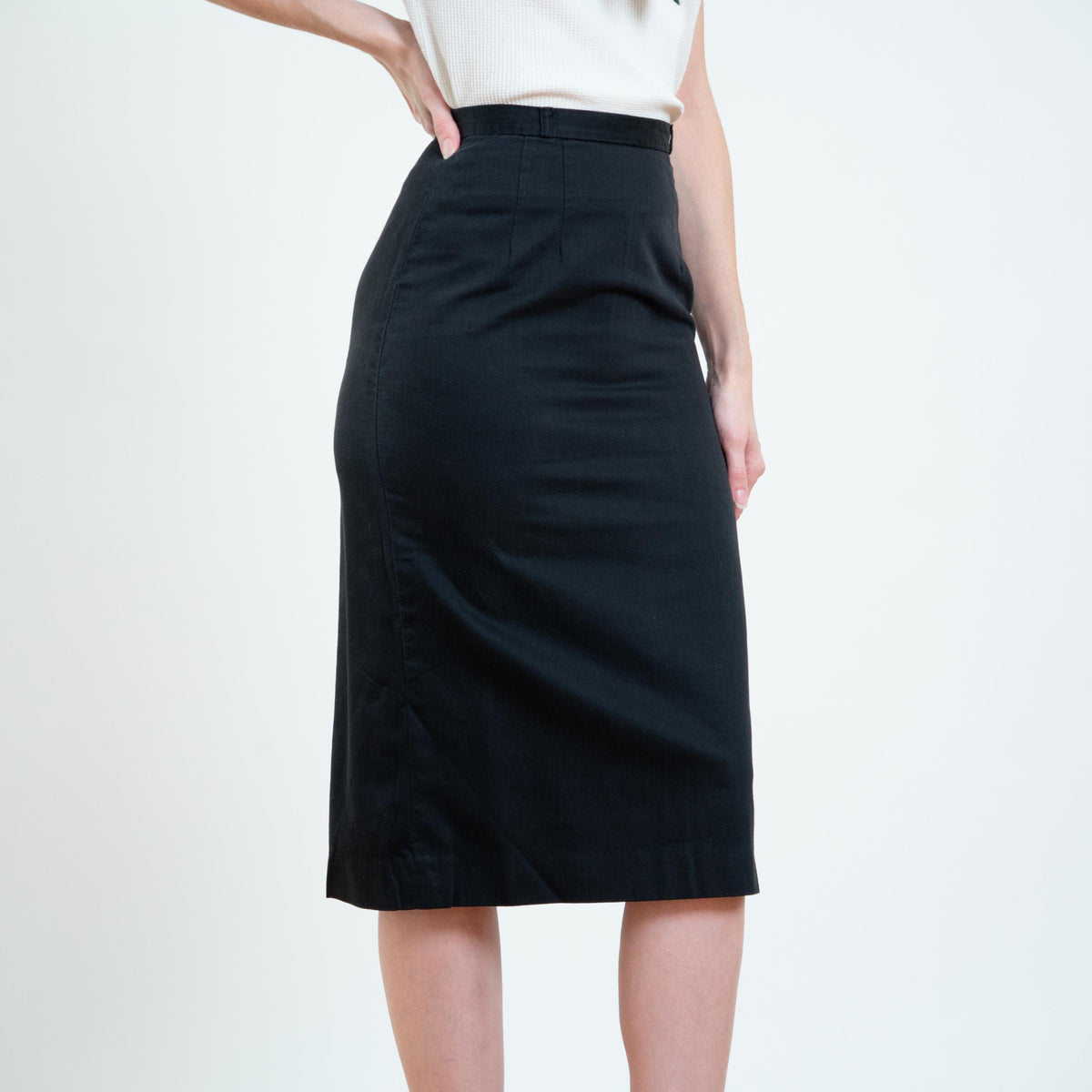 Vintage 50s Black Cotton Pencil Skirt - Extra Small, 24" Waist | 1950s High Waisted Midi Wiggle Skirt