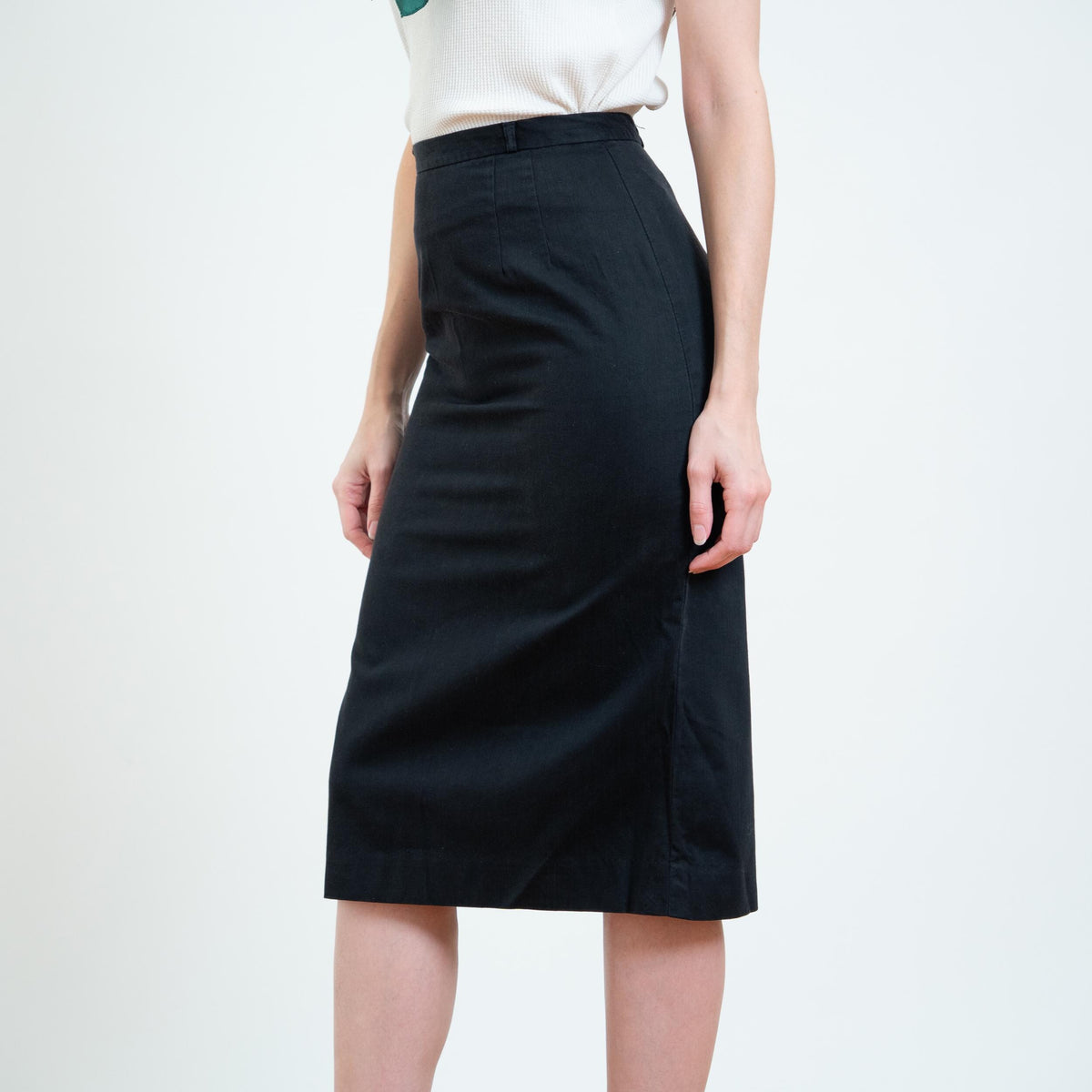 Vintage 50s Black Cotton Pencil Skirt - Extra Small, 24" Waist | 1950s High Waisted Midi Wiggle Skirt