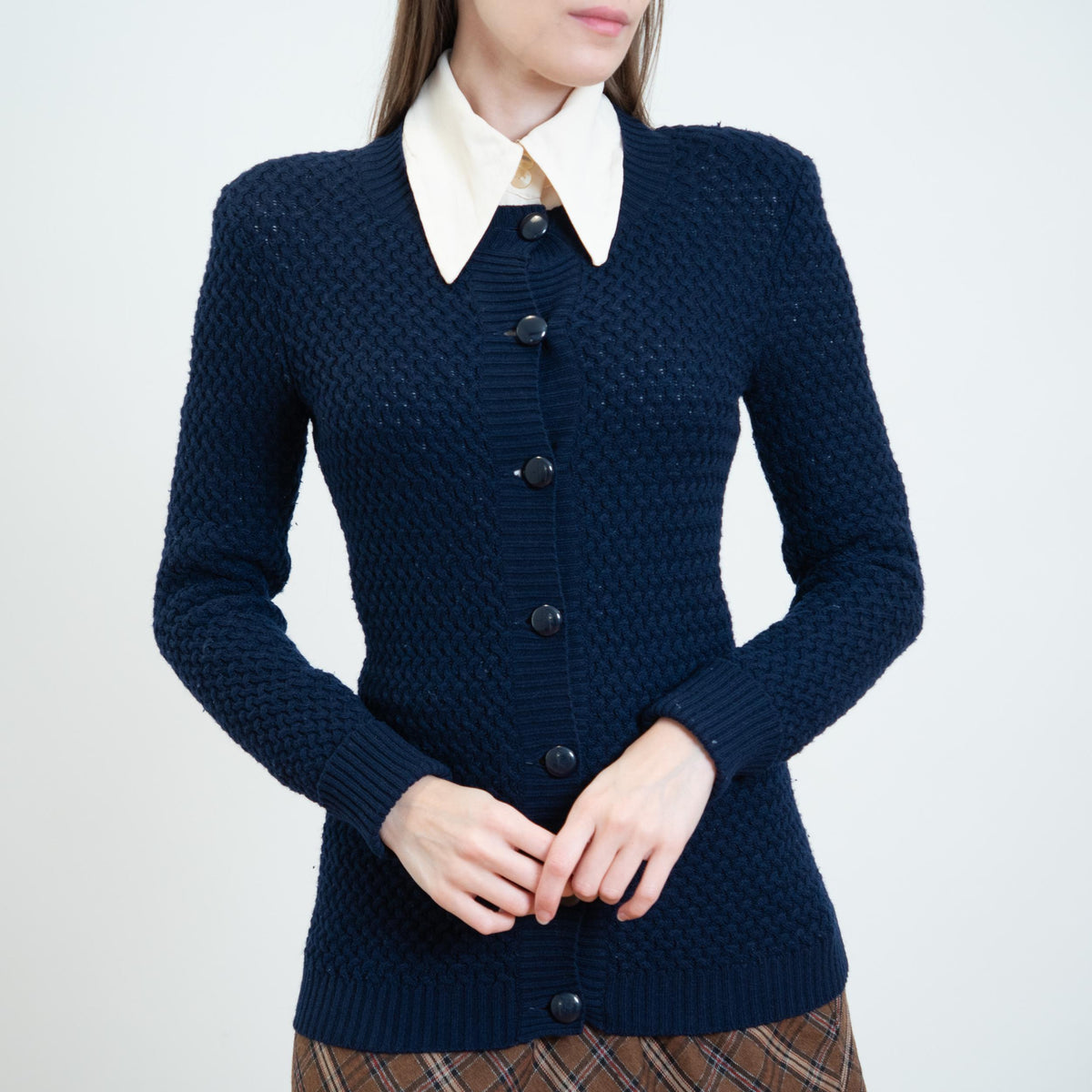 Vintage 70s Valentino Navy Knit Cardigan - Extra Small | Button Up Fitted Lightweight Sweater