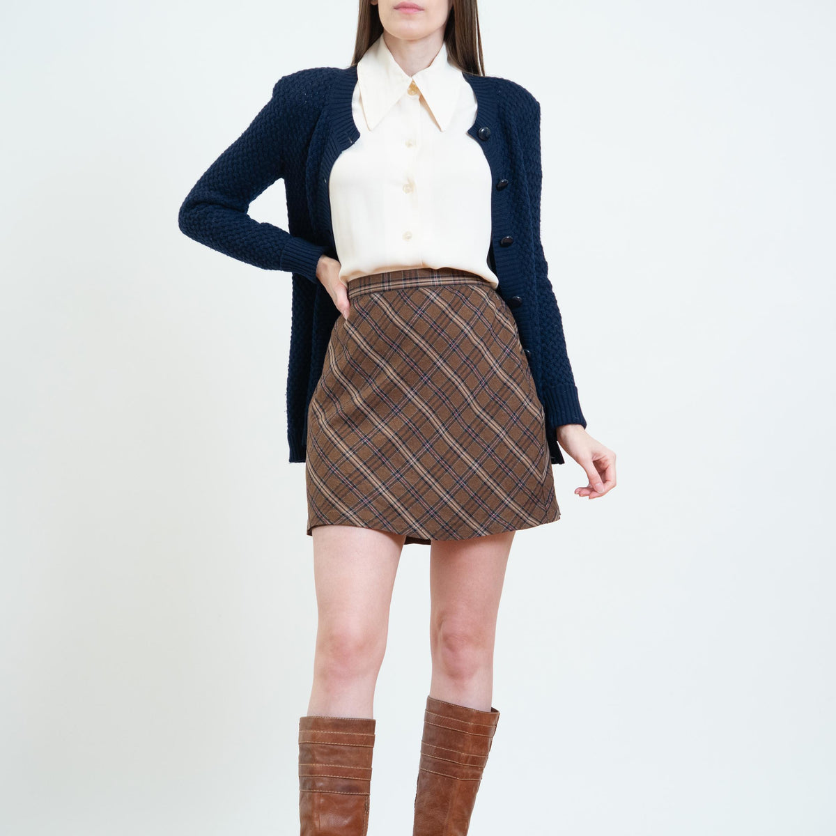 Vintage 90s Brown Plaid Mini Skirt - Small | High Waisted A-Line Schoolgirl Miniskirt