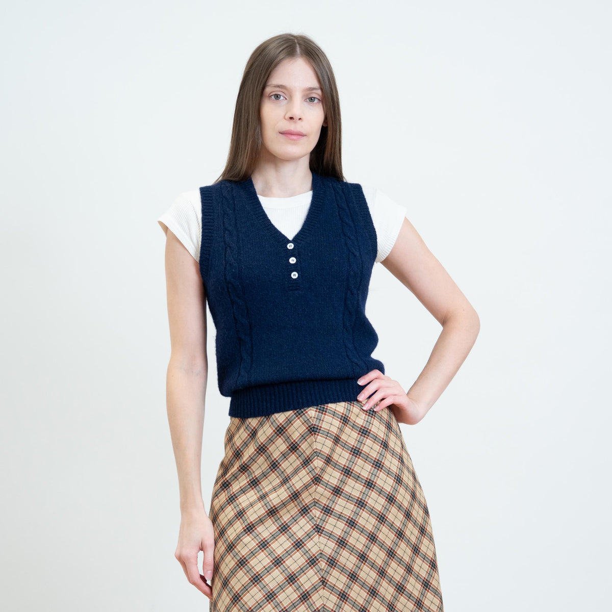 Vintage 90s L.L. Bean Navy Wool Sweater Vest - Small | Cropped Button Up Sleeveless Knit Top