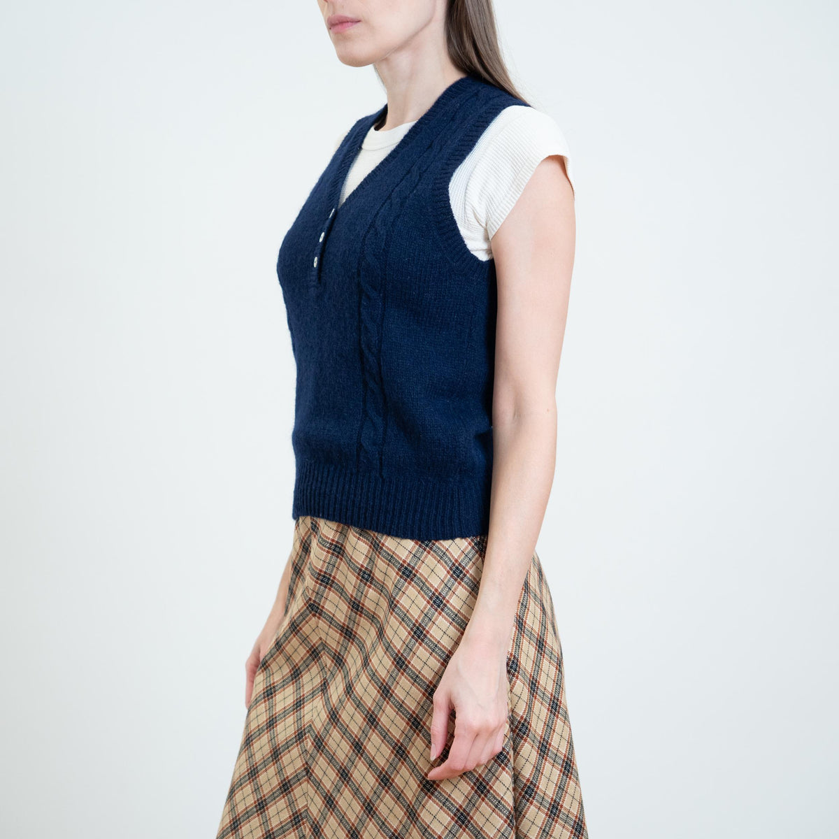Vintage 90s L.L. Bean Navy Wool Sweater Vest - Small | Cropped Button Up Sleeveless Knit Top