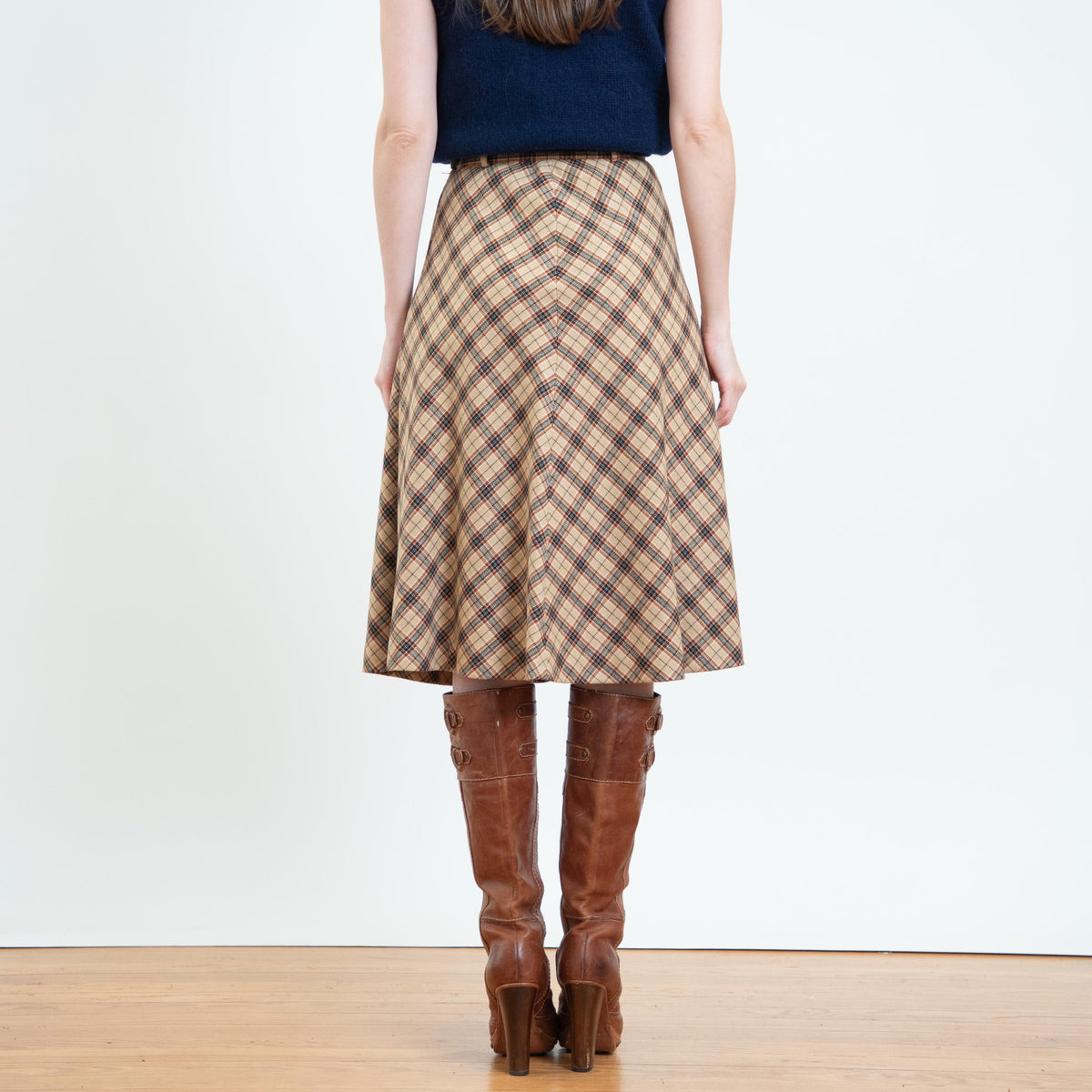 Vintage 70s Tan Plaid A-Line Midi Skirt - Extra Small, 25" Waist | High Waisted Schoolgirl Skirt