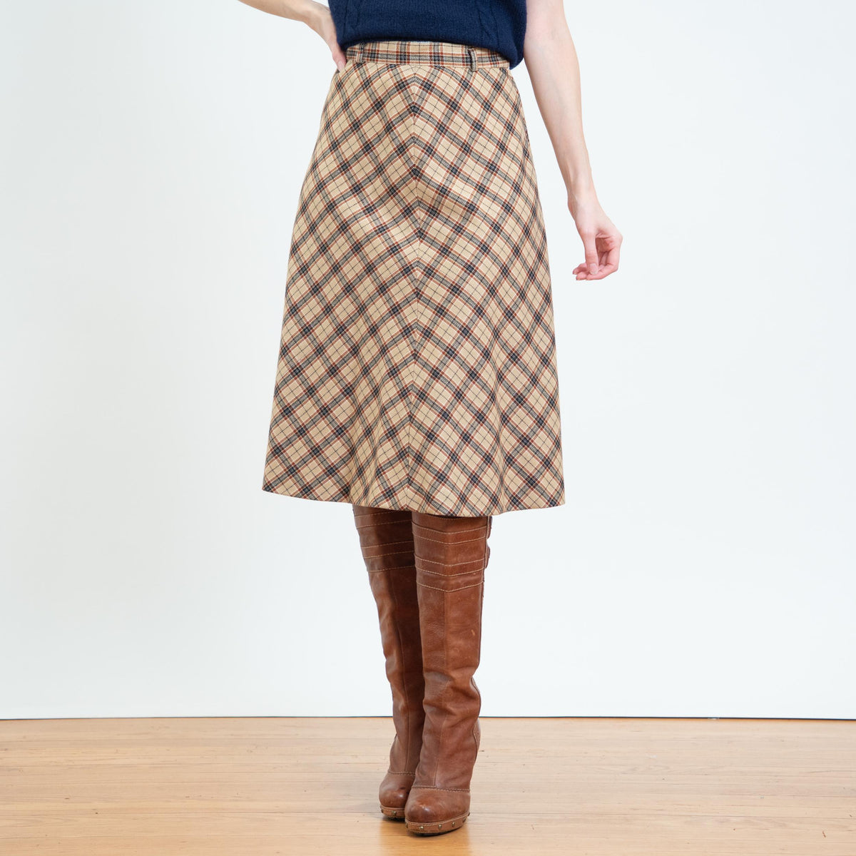 Vintage 70s Tan Plaid A-Line Midi Skirt - Extra Small, 25" Waist | High Waisted Schoolgirl Skirt