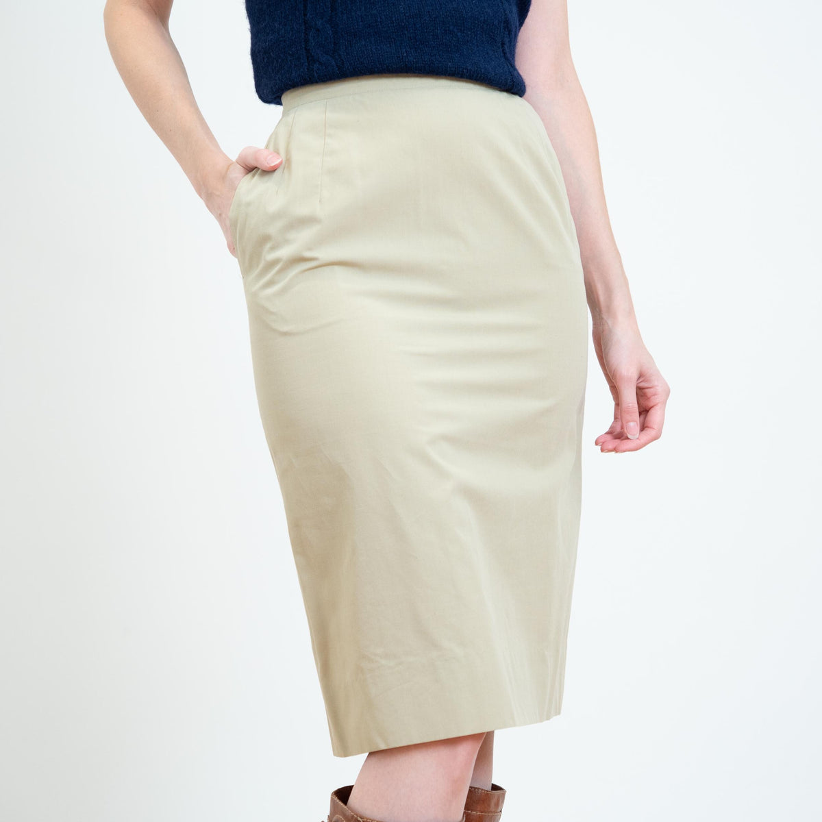 Vintage 50s Ann Taylor Khaki Side Zip Pencil Skirt - Extra Small, 23" Waist | 1950s High Waisted Knee Length Wiggle Skirt
