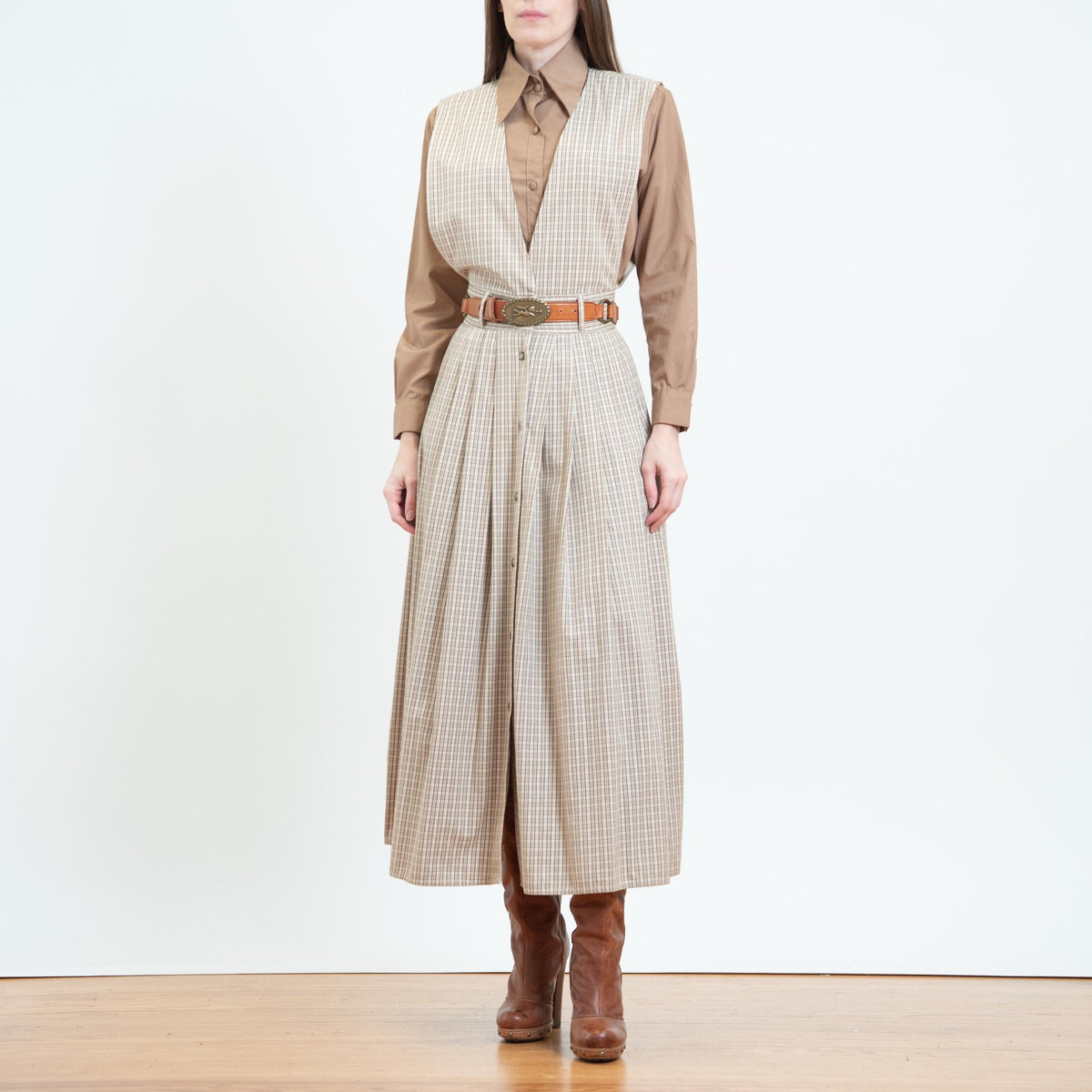Vintage 90s Plaid Cotton Pinafore Maxi Dress - Extra Small | Preppy Sleeveless Jumper Dress