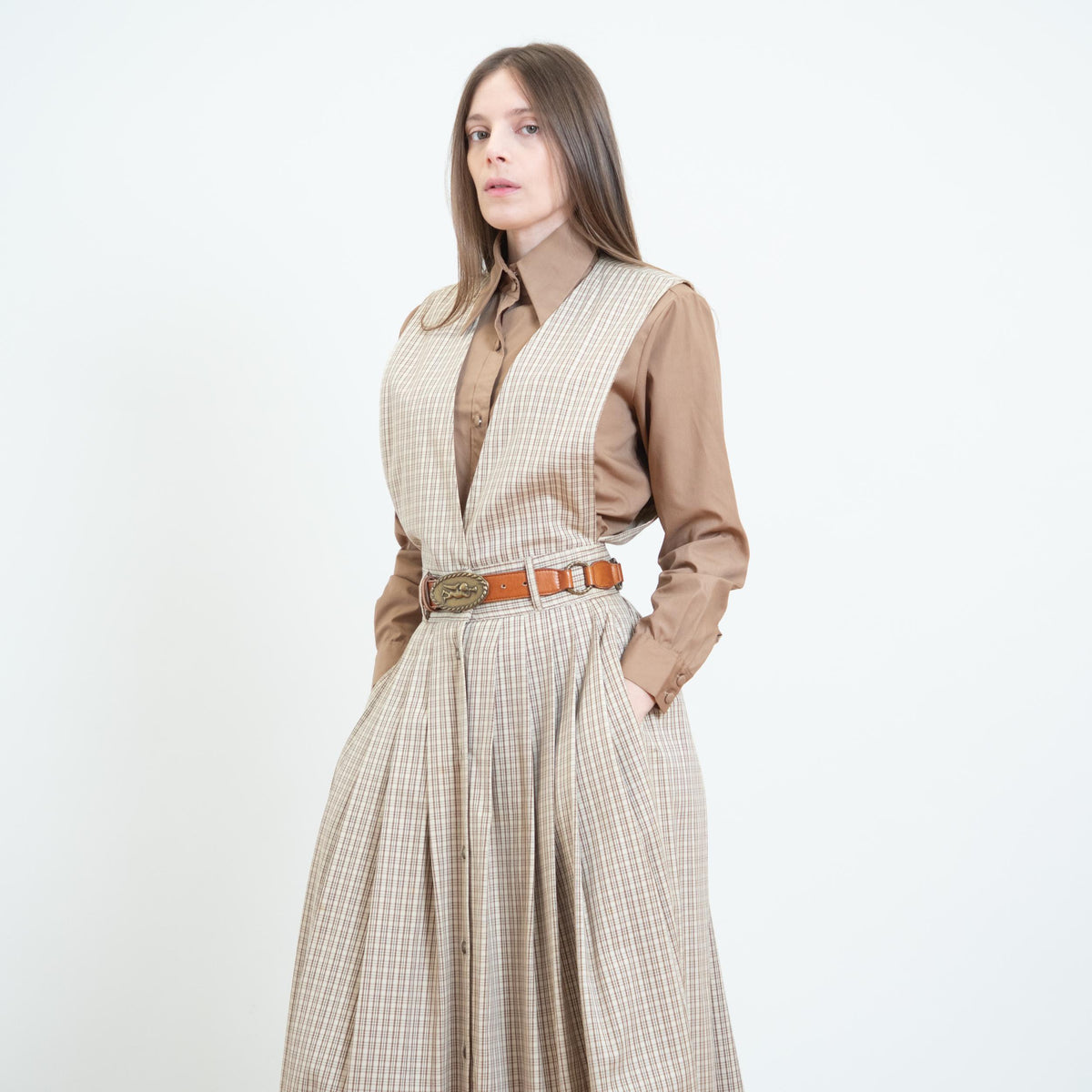 Vintage 90s Plaid Cotton Pinafore Maxi Dress - Extra Small | Preppy Sleeveless Jumper Dress