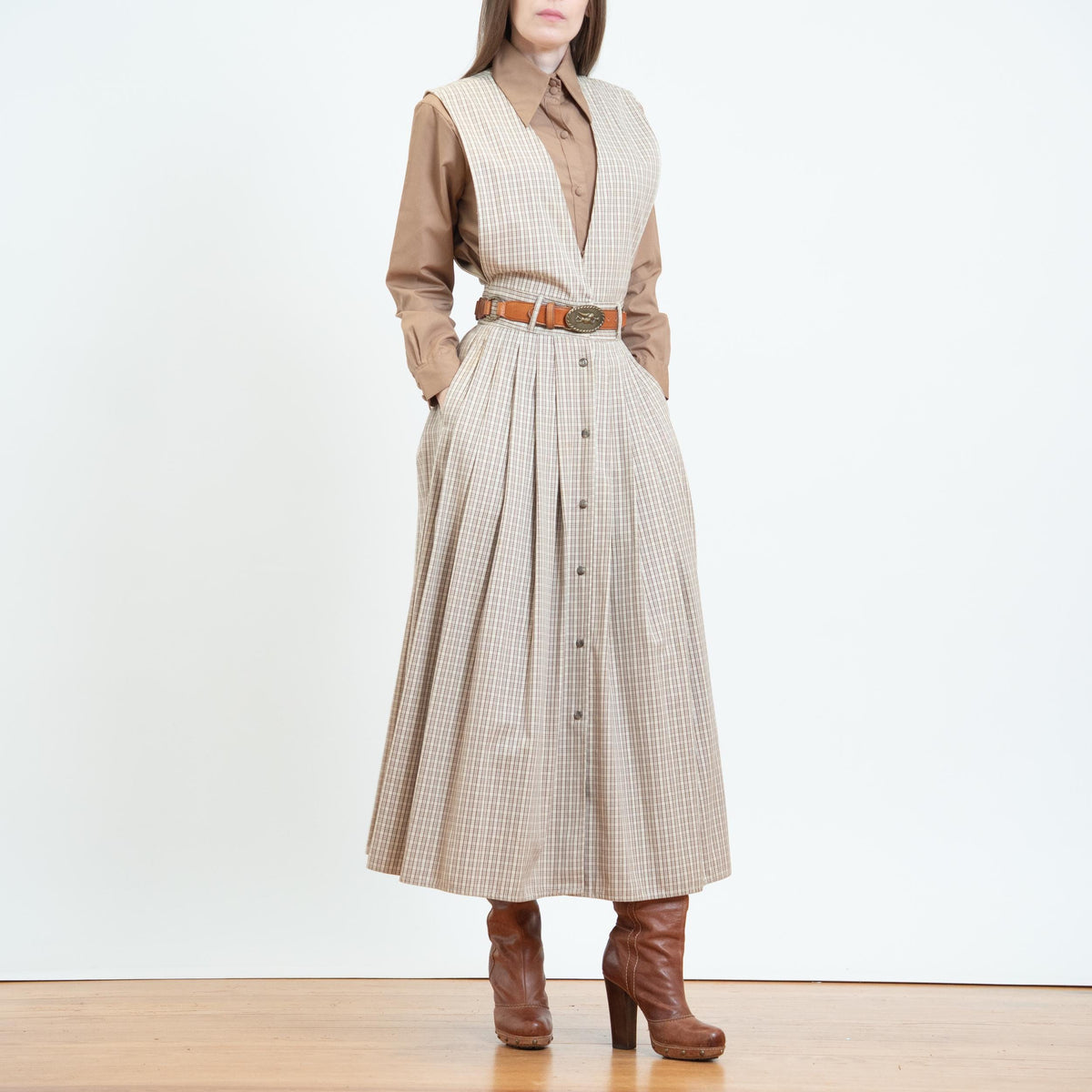 Vintage 90s Plaid Cotton Pinafore Maxi Dress - Extra Small | Preppy Sleeveless Jumper Dress