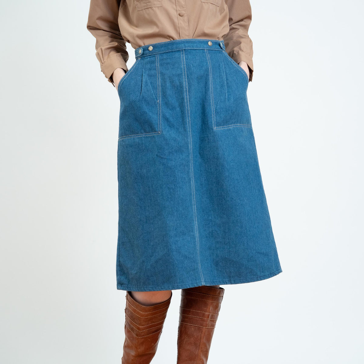 Vintage 70s Denim Midi Wrap Skirt - Small, 26" Waist | Blue Jean High Waisted A Line Skirt