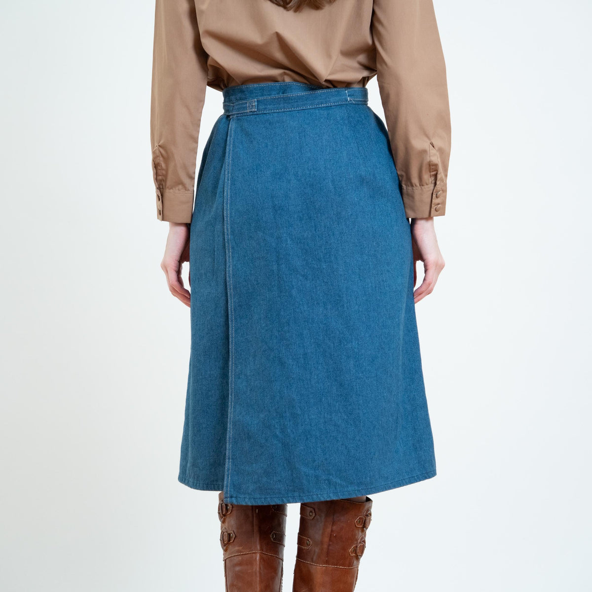Vintage 70s Denim Midi Wrap Skirt - Small, 26" Waist | Blue Jean High Waisted A Line Skirt