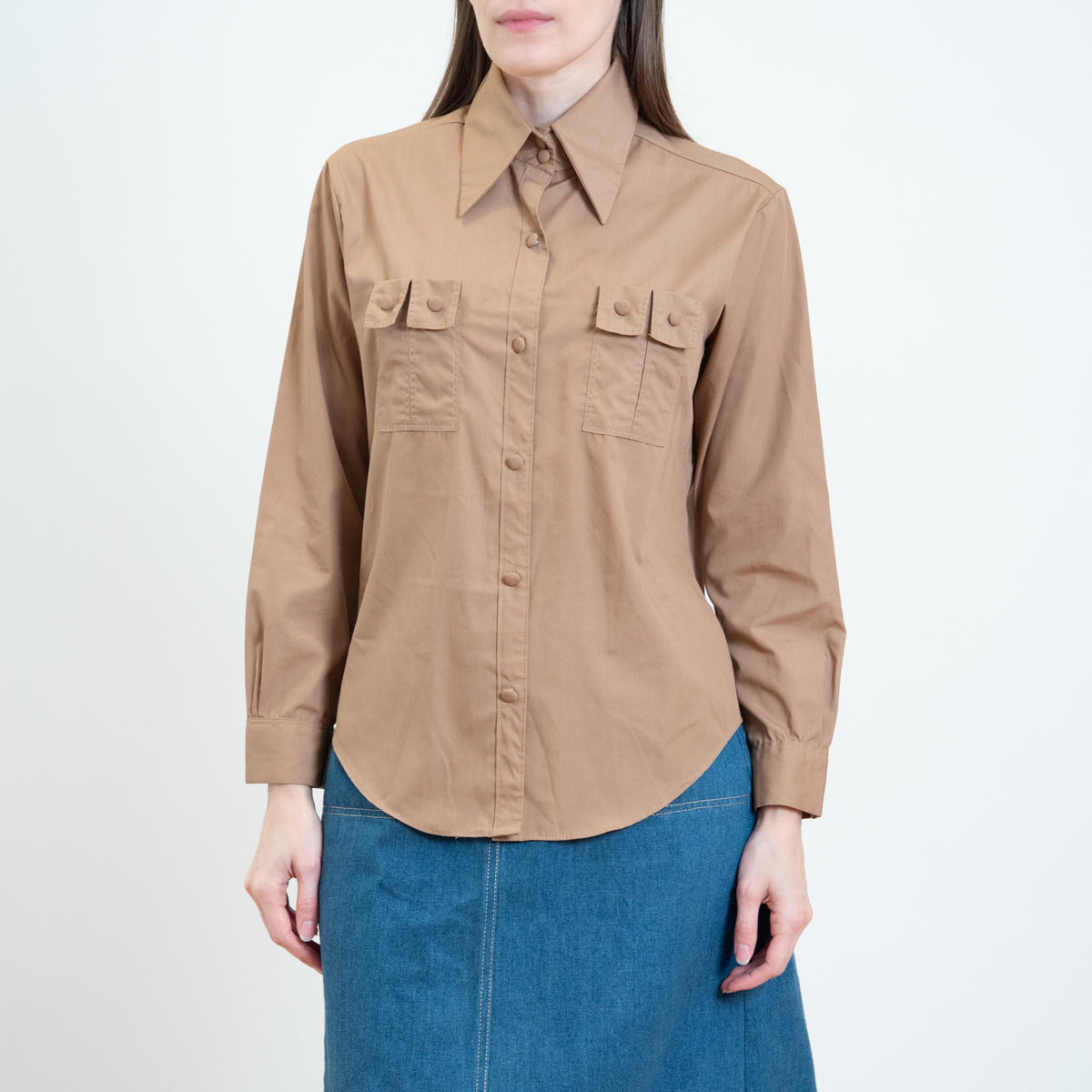 Vintage 70s Cocoa Brown Double Chest Pocket Shirt - Small | Dagger Collar Button Up Long Sleeve Top