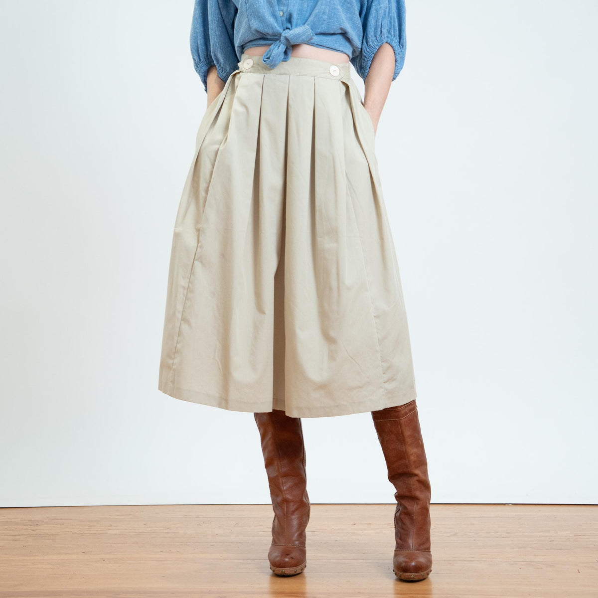 Vintage 80s Khaki Double Breasted Box Pleat Skirt - Small, 26-27" Waist | High Waisted Minimalist Full Pocket Skirt