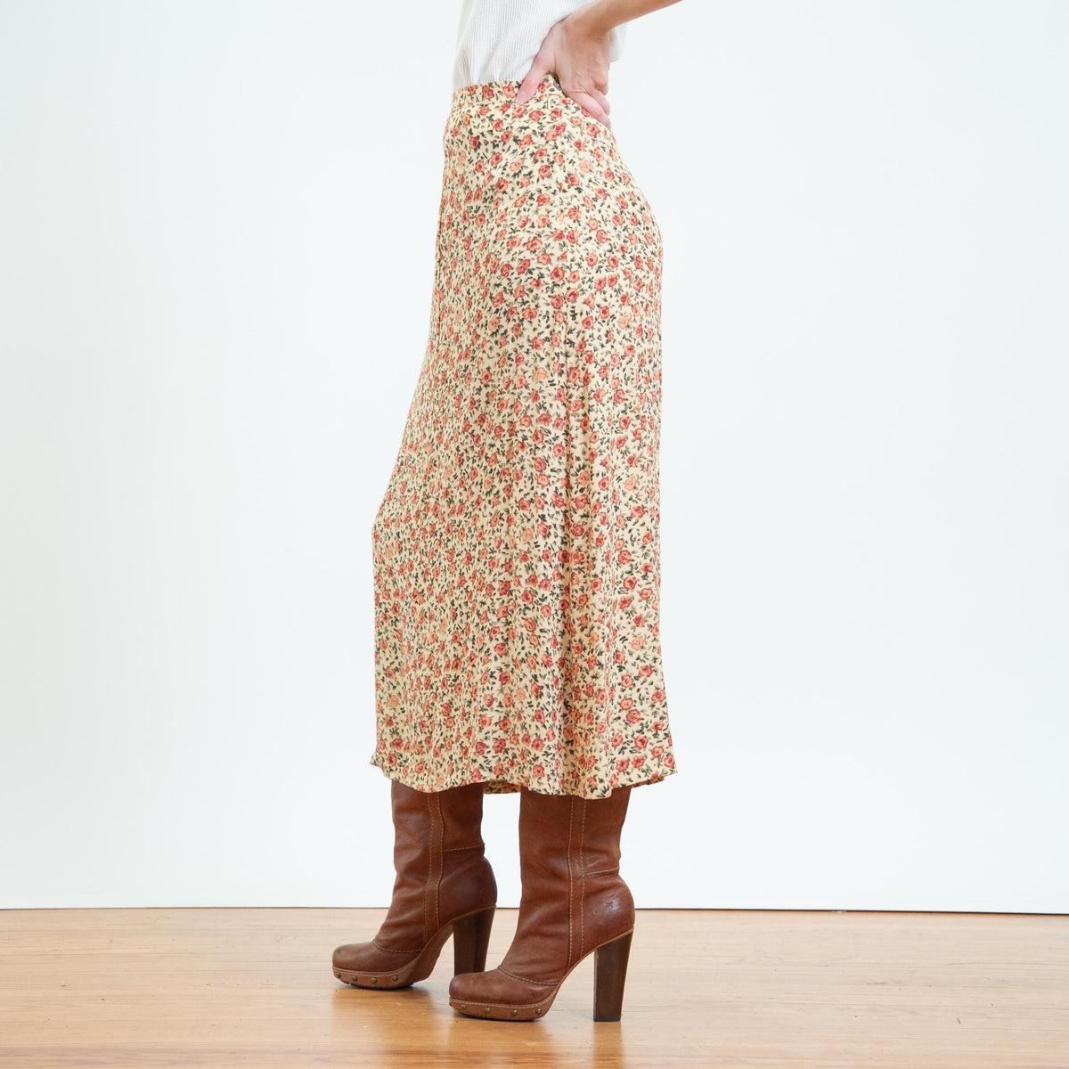 Vintage Y2K Butter Yellow Floral Maxi Skirt - Small, 26” Waist | Boho High Waisted Bias Cut A Line Skirt