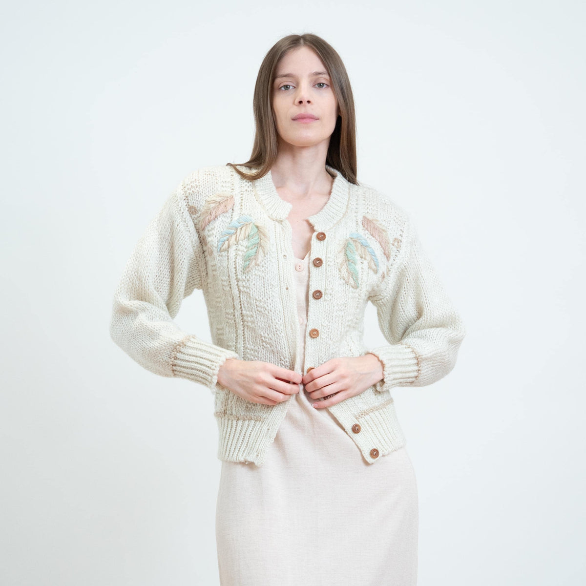 Vintage 80s Embroidered Leaf Cardigan - Small | Boho Hand-Knit Button Up Sweater