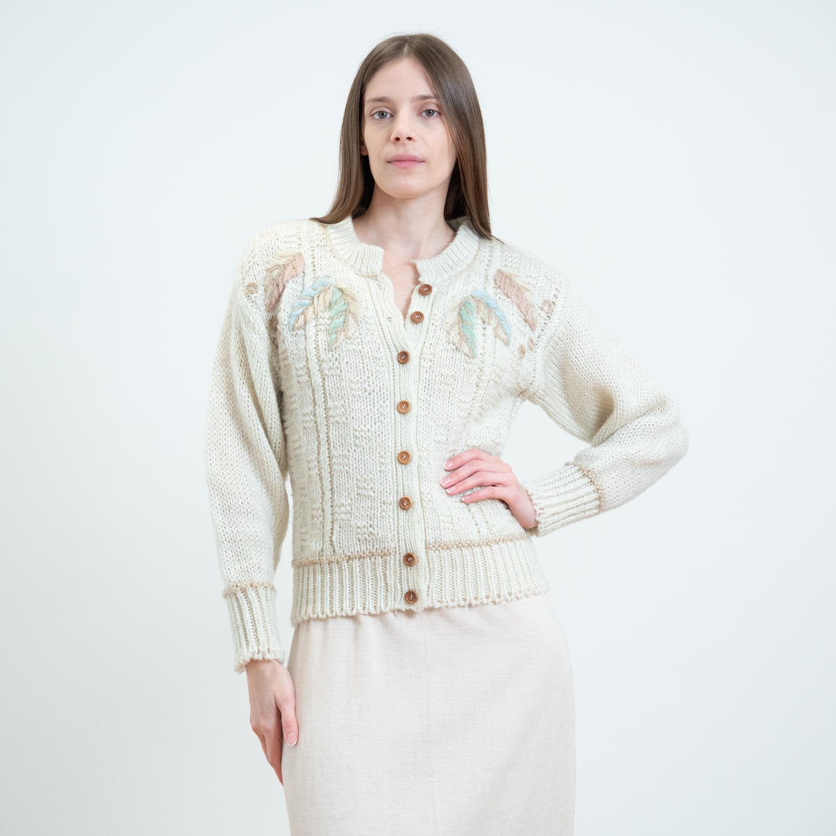 Vintage 80s Embroidered Leaf Cardigan - Small | Boho Hand-Knit Button Up Sweater